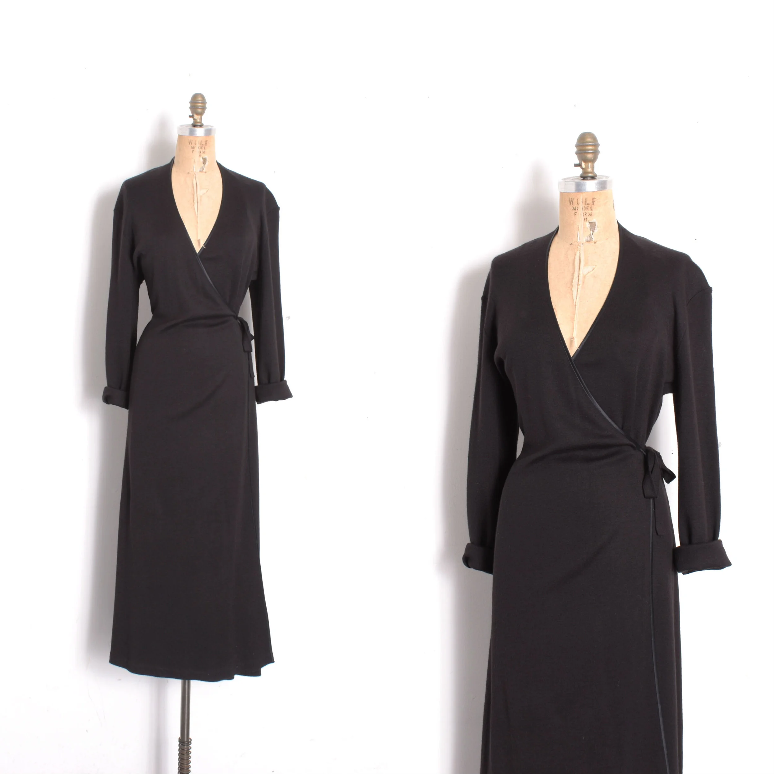 1980s Black Knit Wrap Dress-large
