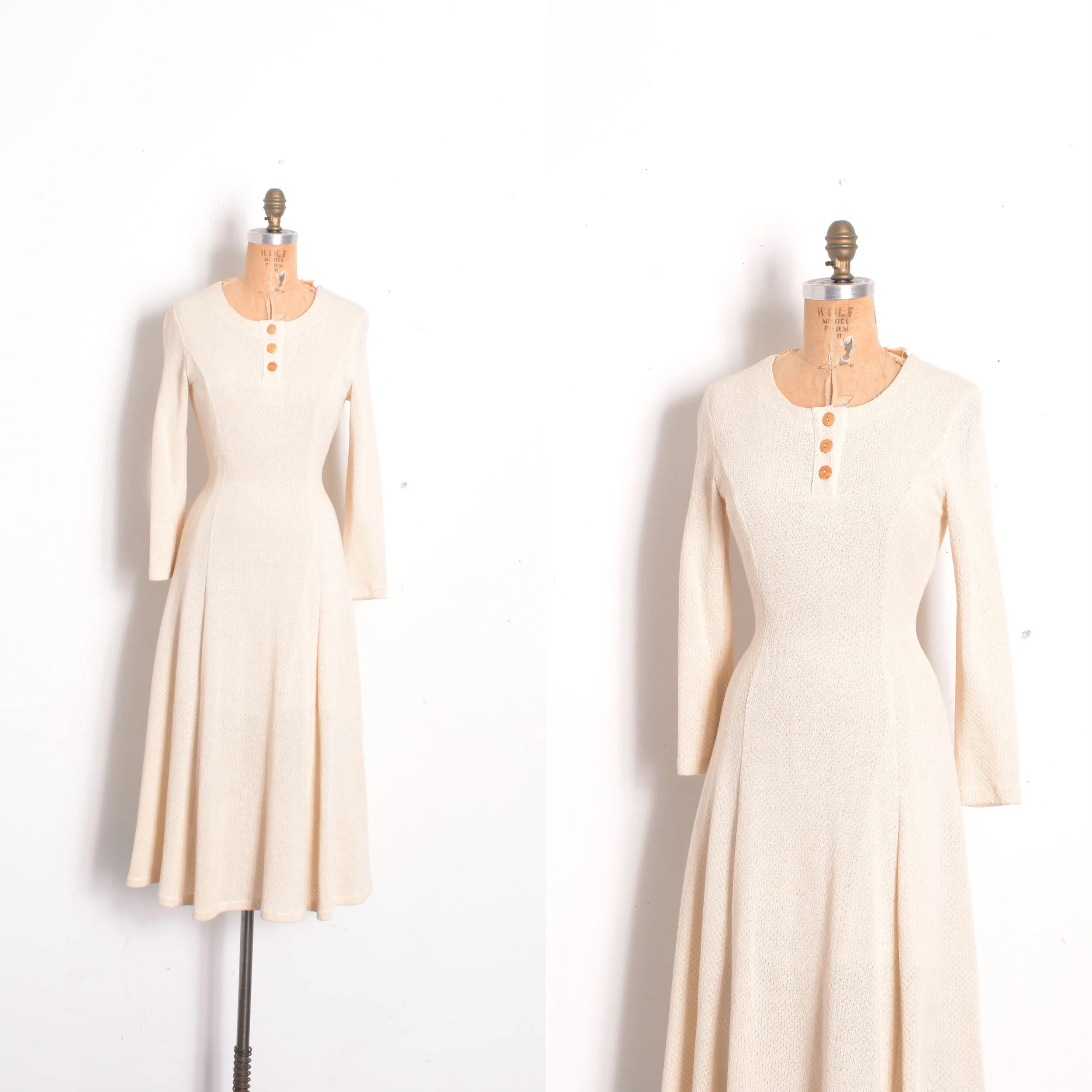 1980s Cream Waffle Cotton Knit Dress-small