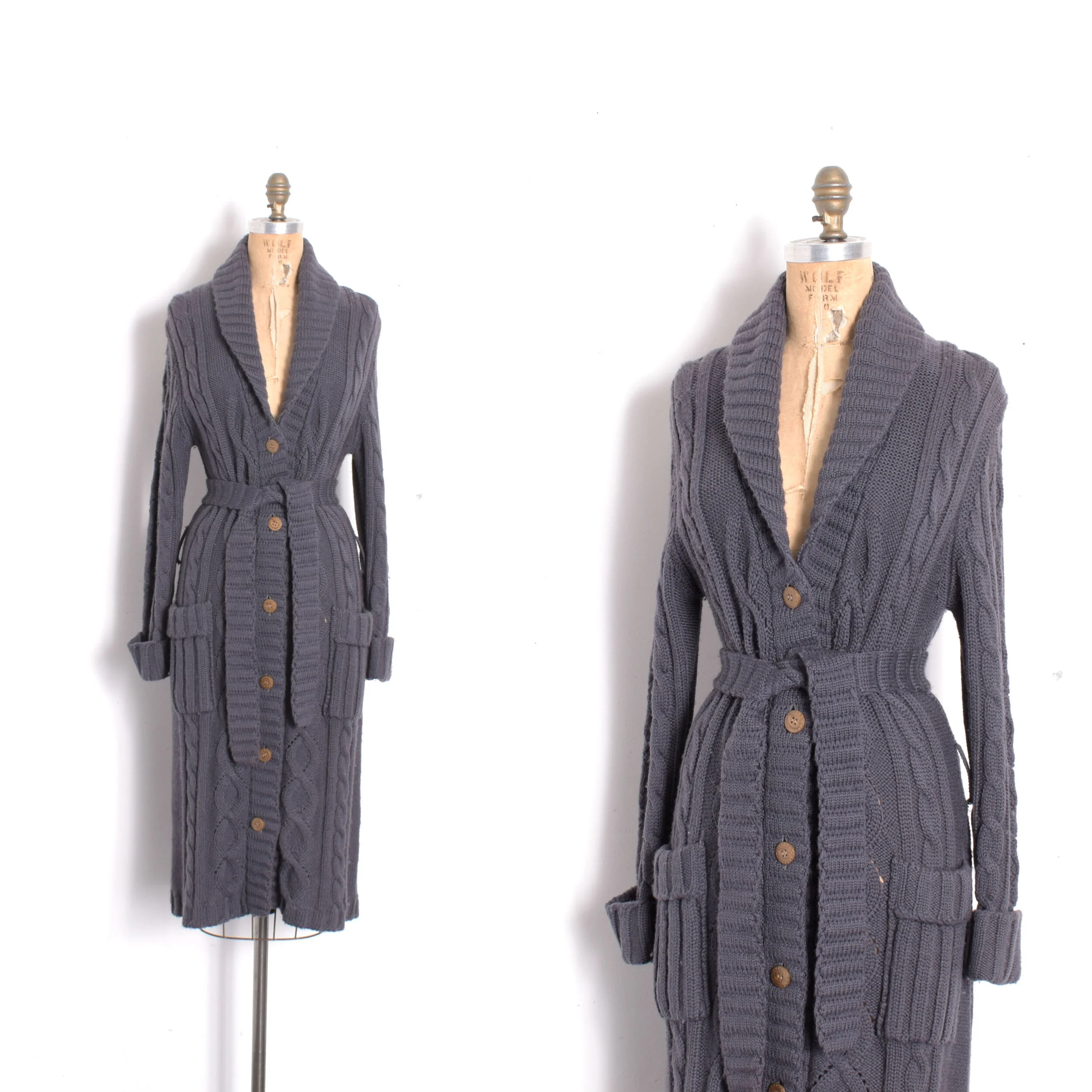 1970s Cable Knit Long Wool Cardigan-S/M