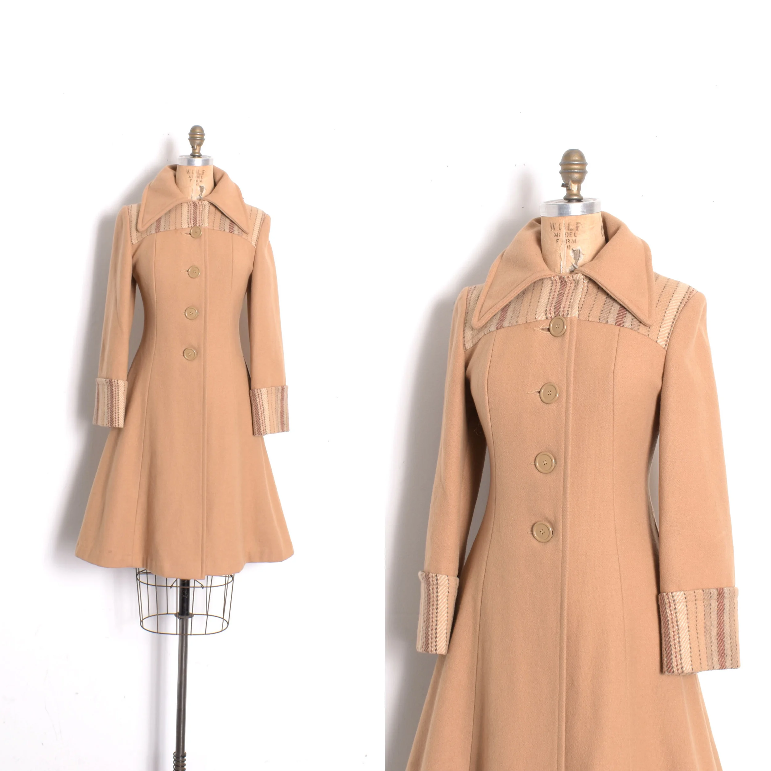 1970s Camel Wool Coat with Striped Trim-XS/S