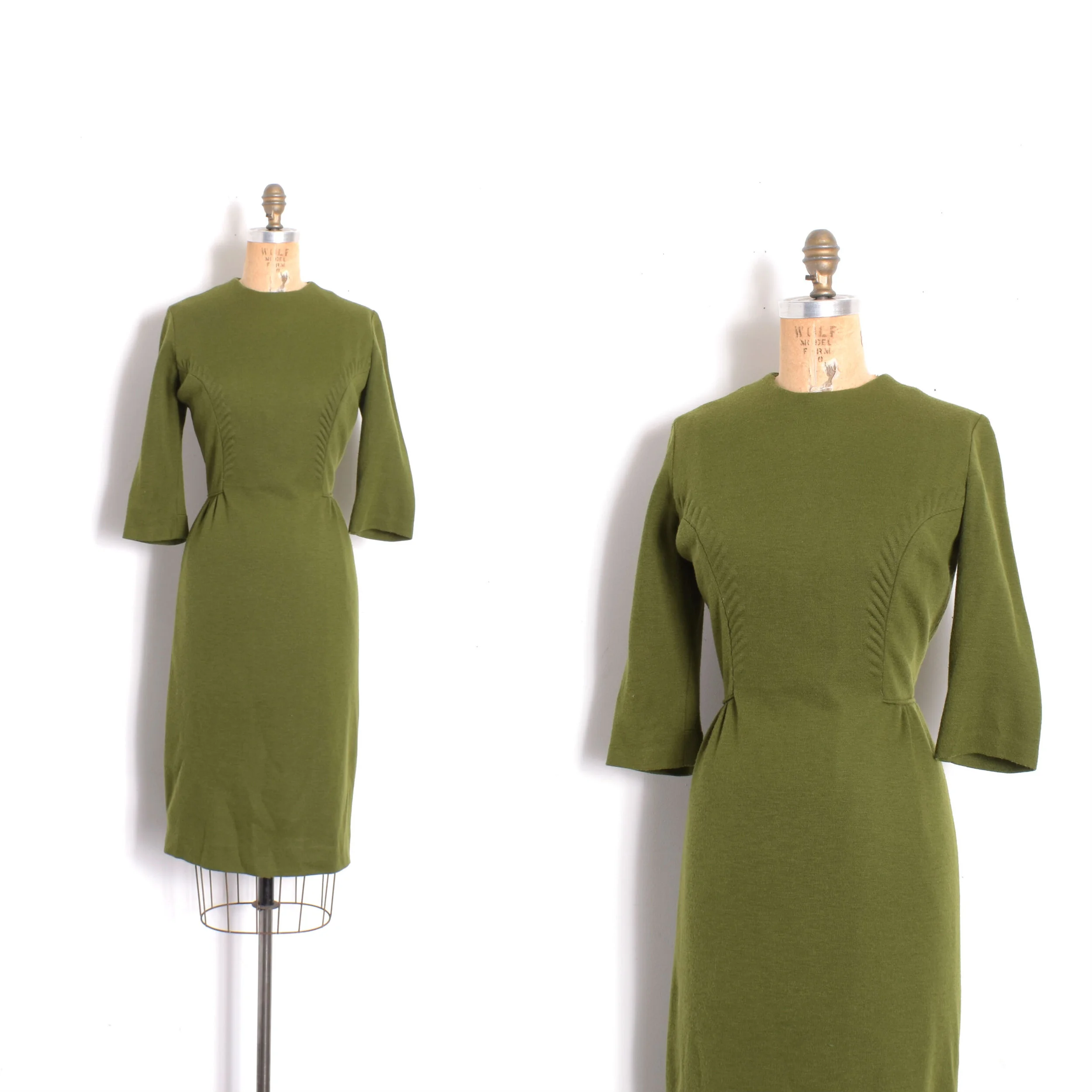1950s Moss Green Wool Dress-small