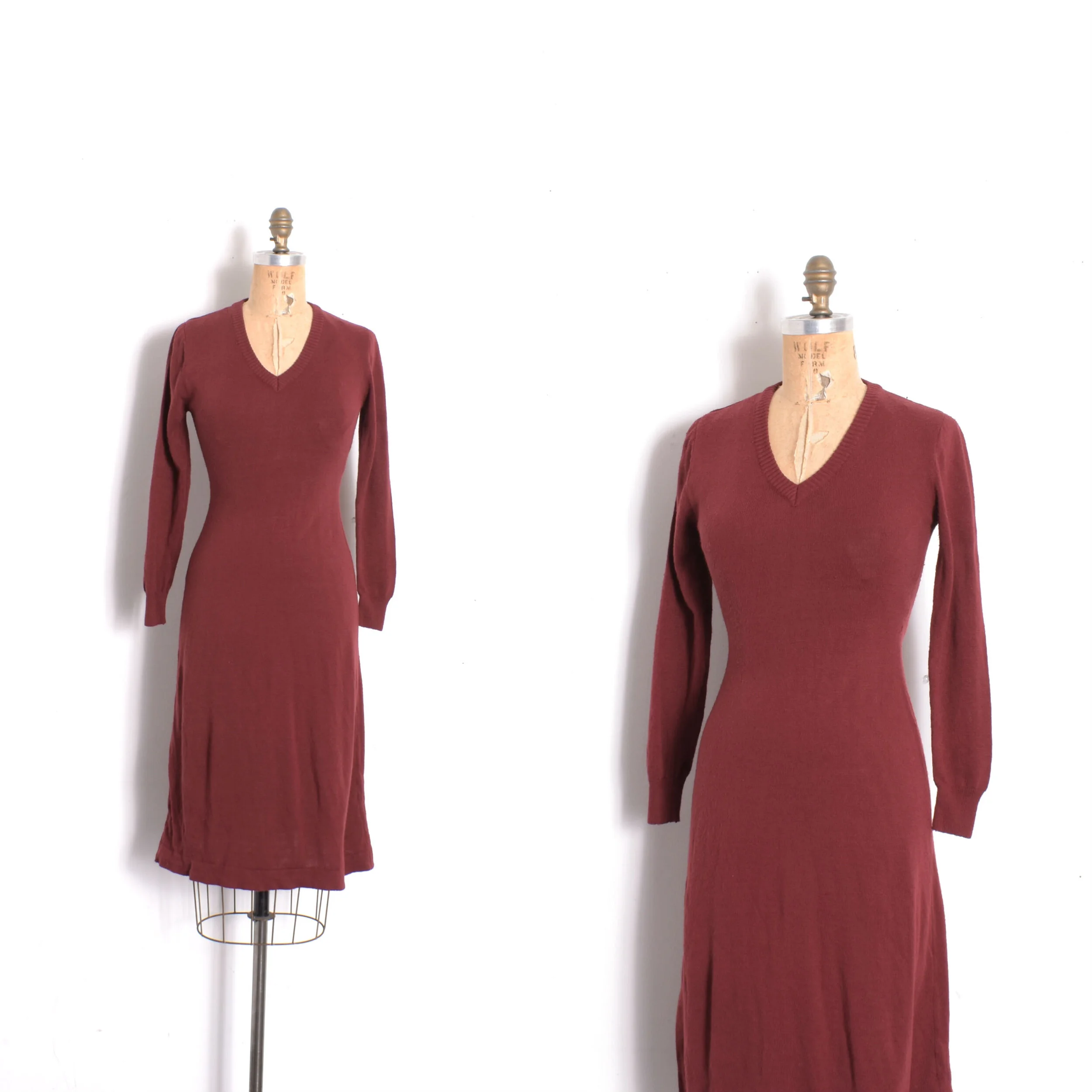 1970s Burgundy Knit Sweater Dress-XS