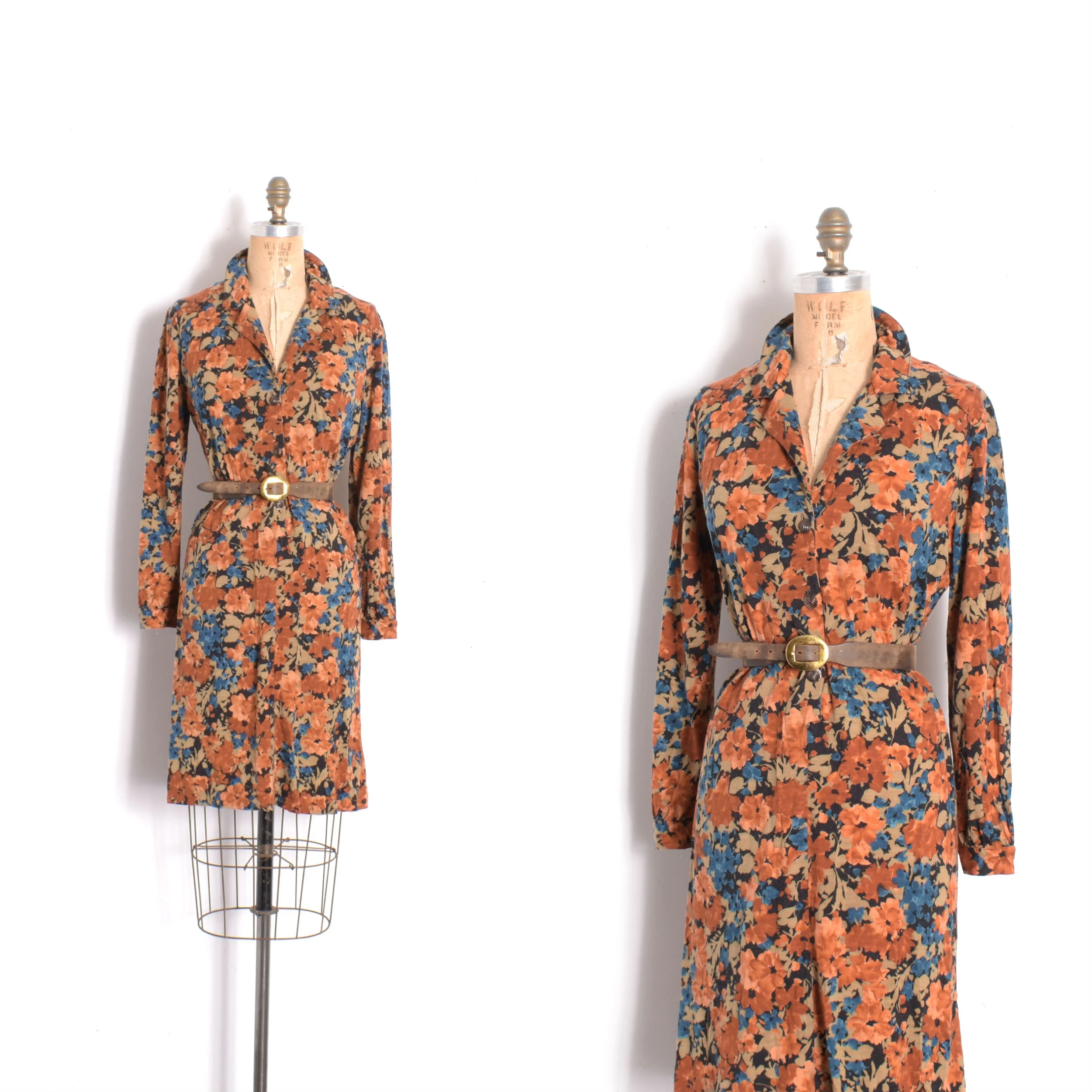 1980s Fall Floral Wool Jersey Dress-S/M