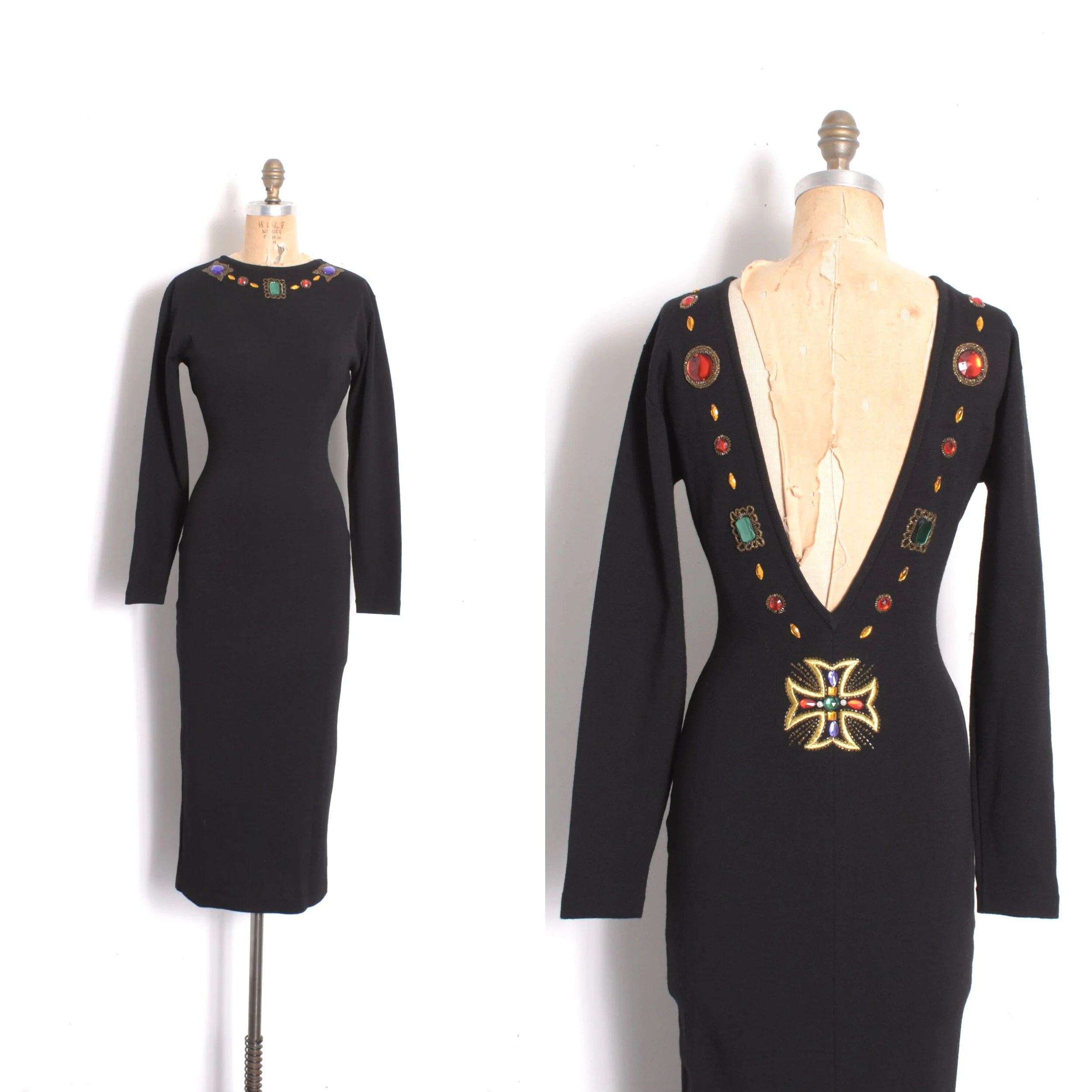 1980s Low Back Jeweled Knit Dress-medium