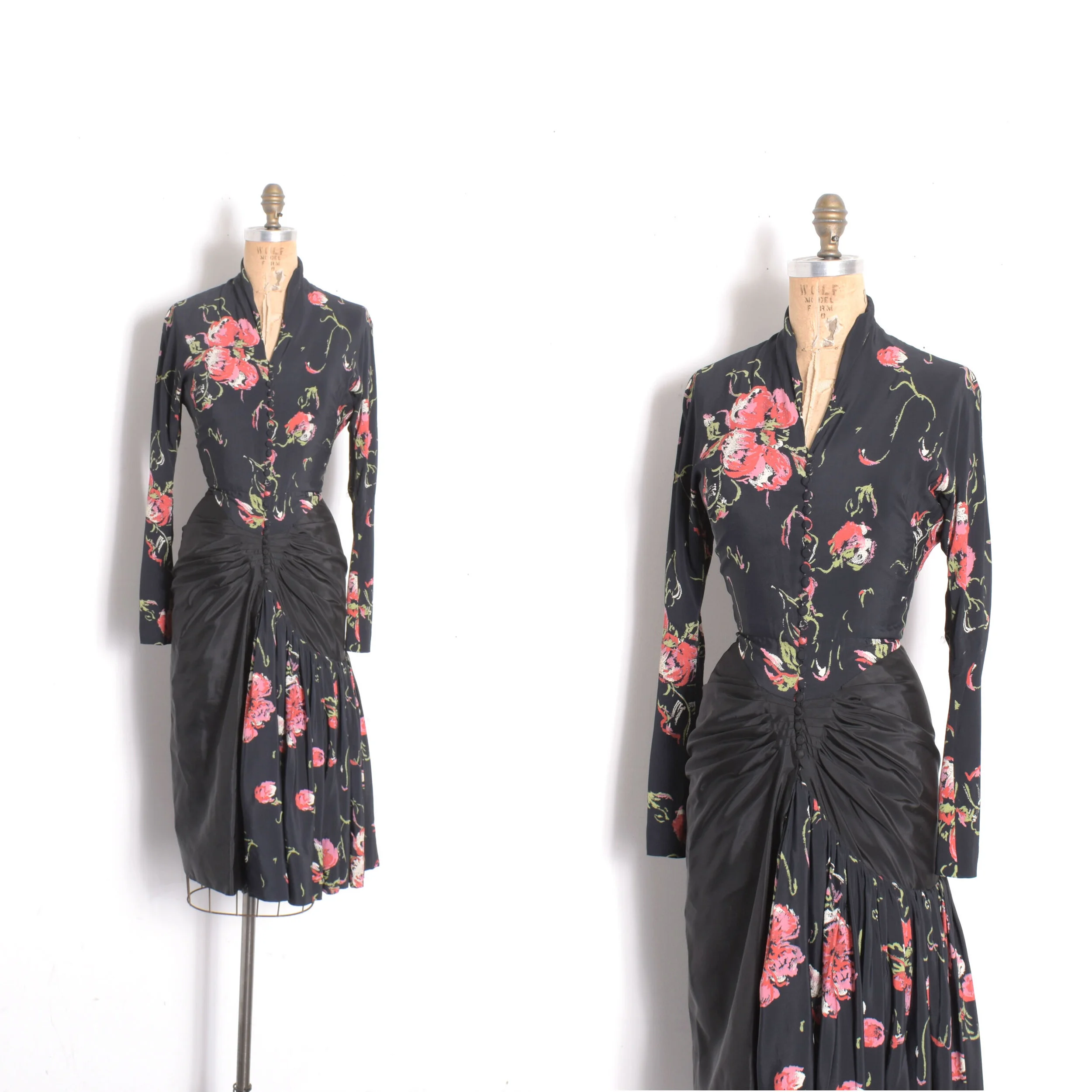 1940s Floral Rayon and Taffeta Dress-XS