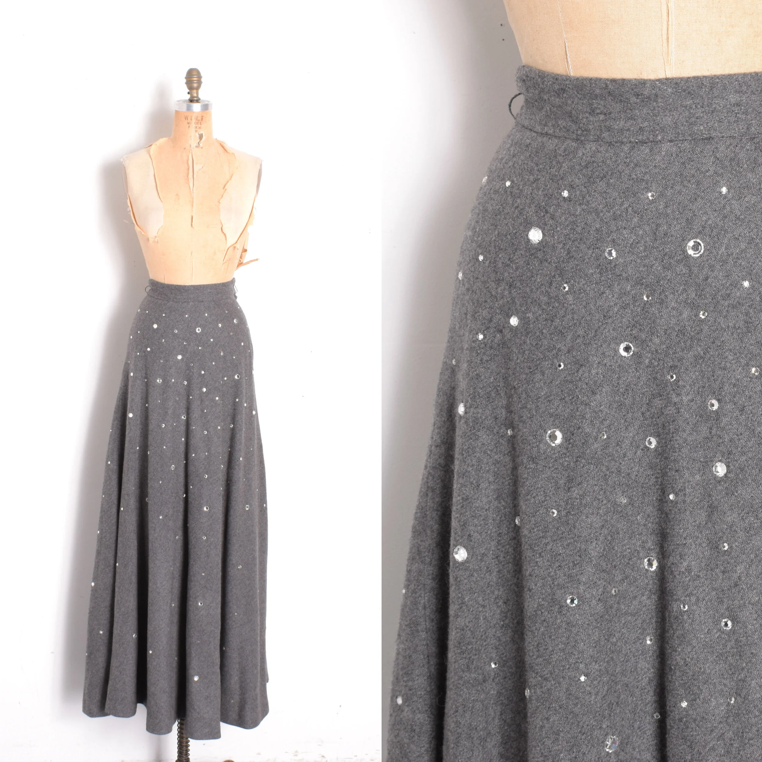 1970s Gray Wool Rhinestone Maxi Skirt-small