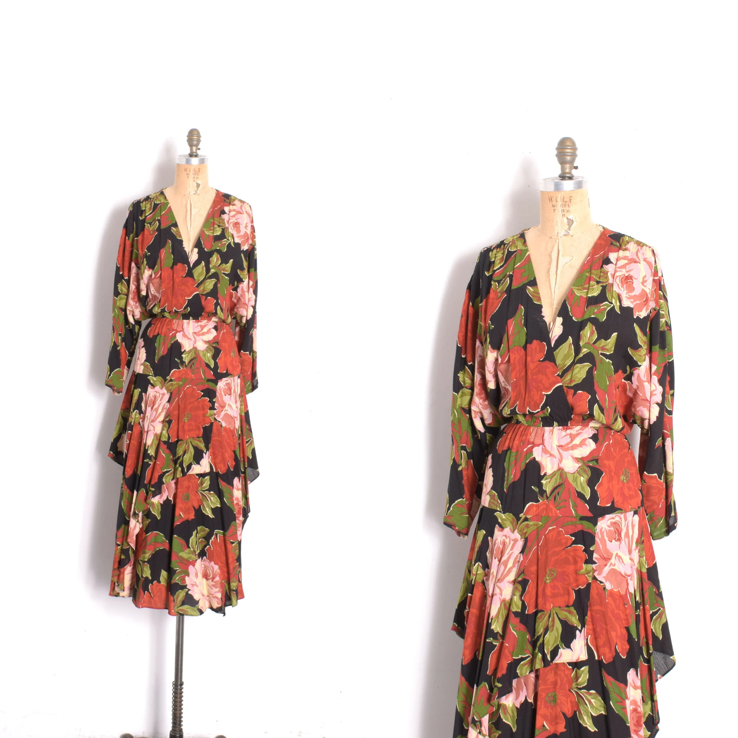 1980s Rose Print Rayon Dress-M/L