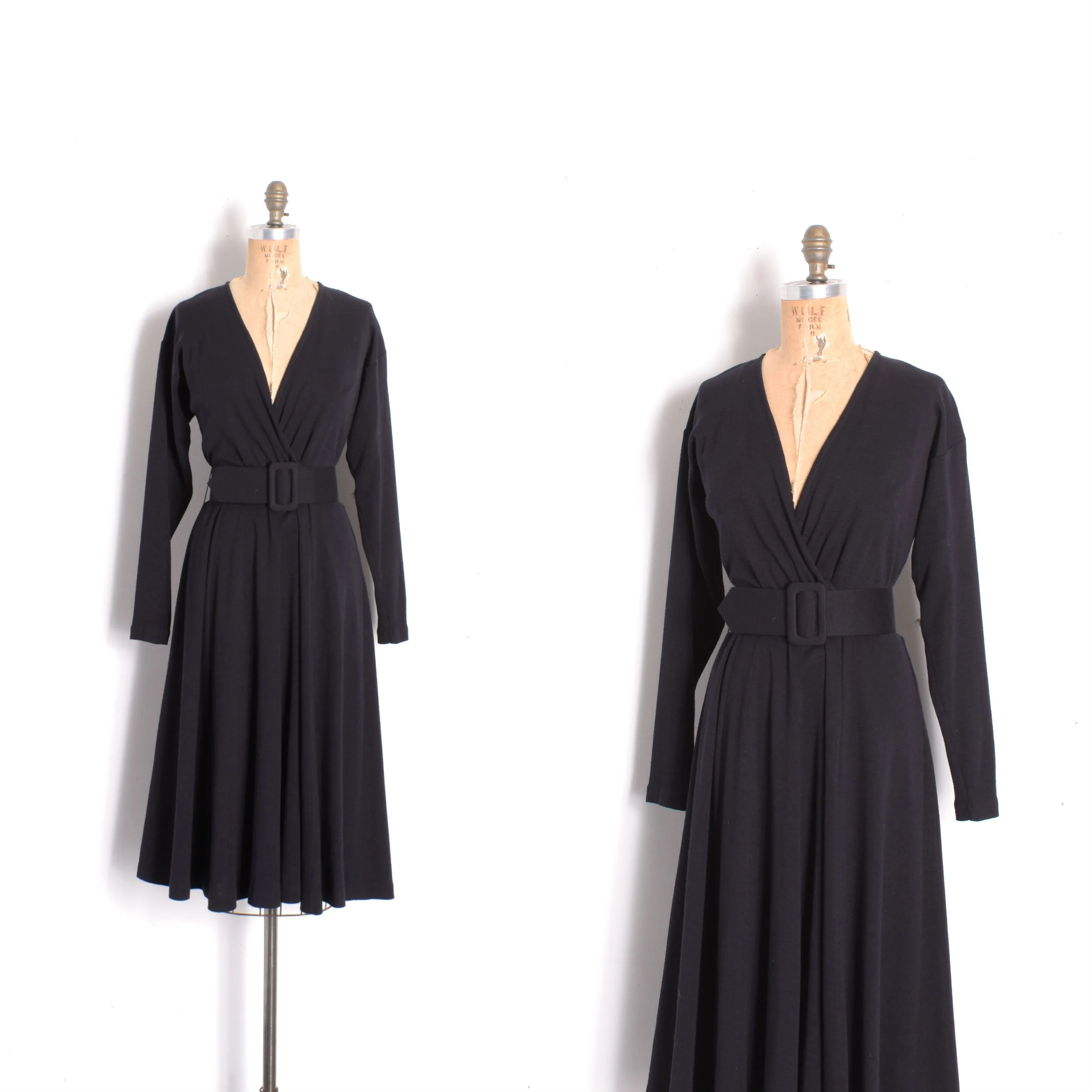 1980s Black Wool Belted Dress-S/M
