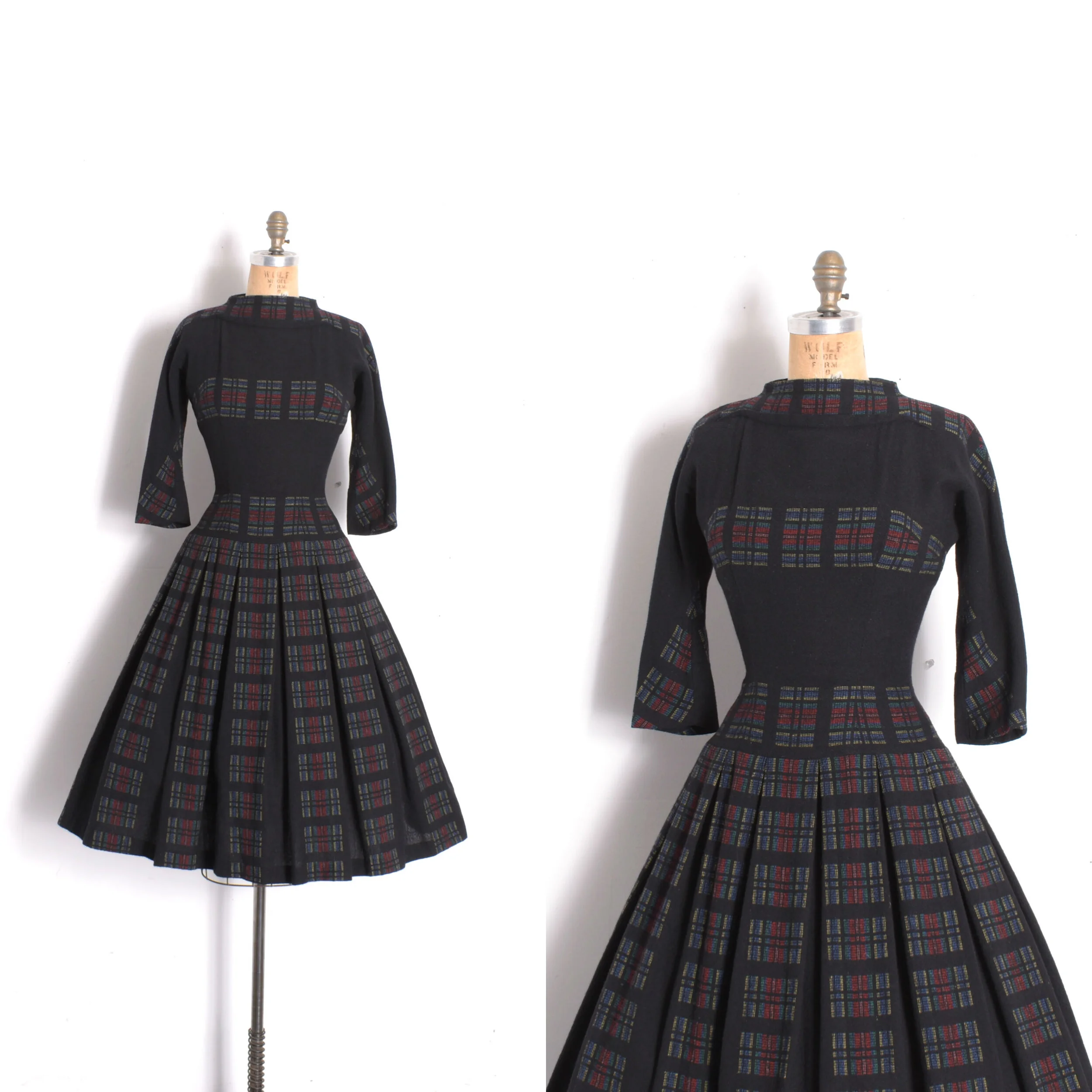 1950s Rainbow Plaid Wool Dress-XS/S