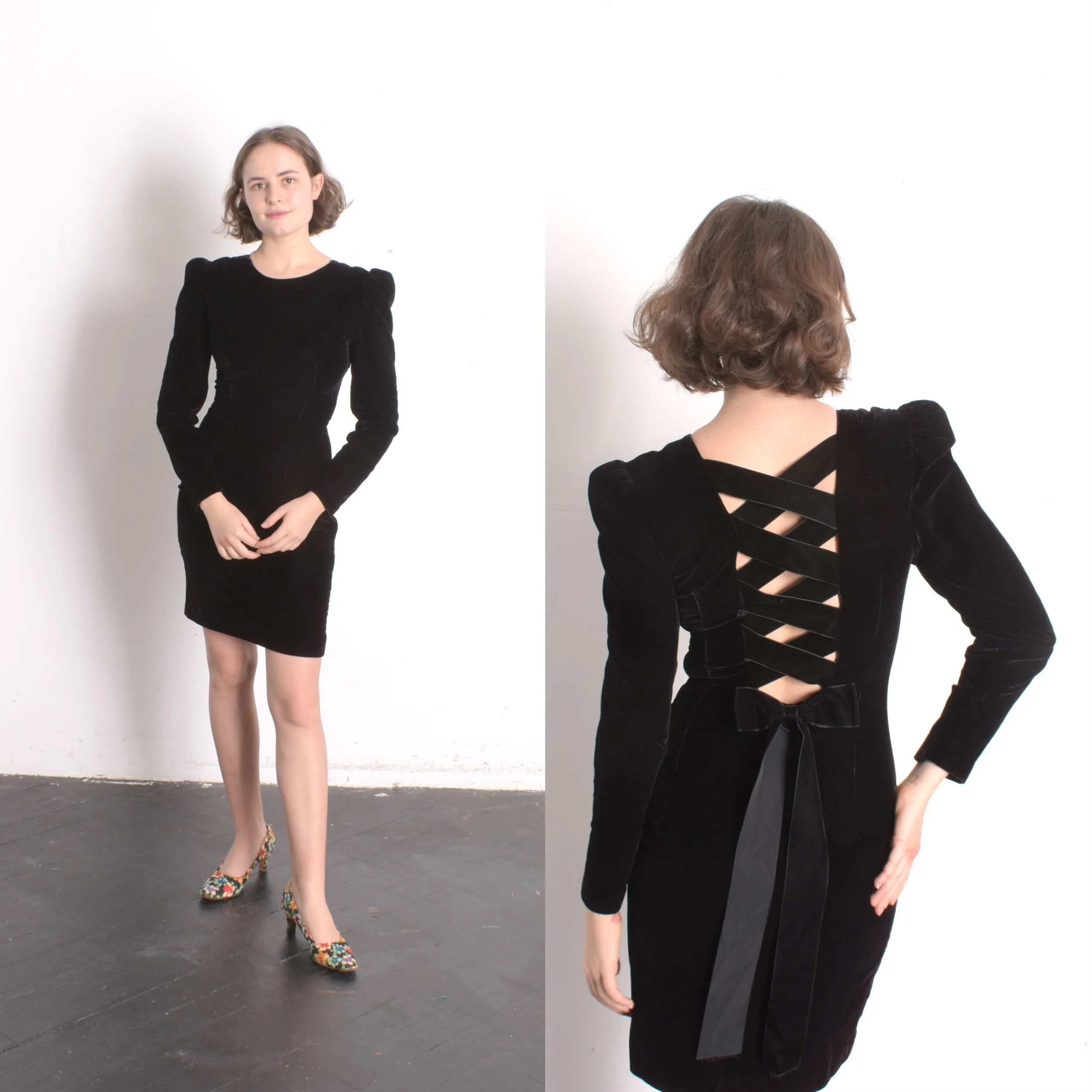 1980s Velvet Lace Back Dress-XS/S