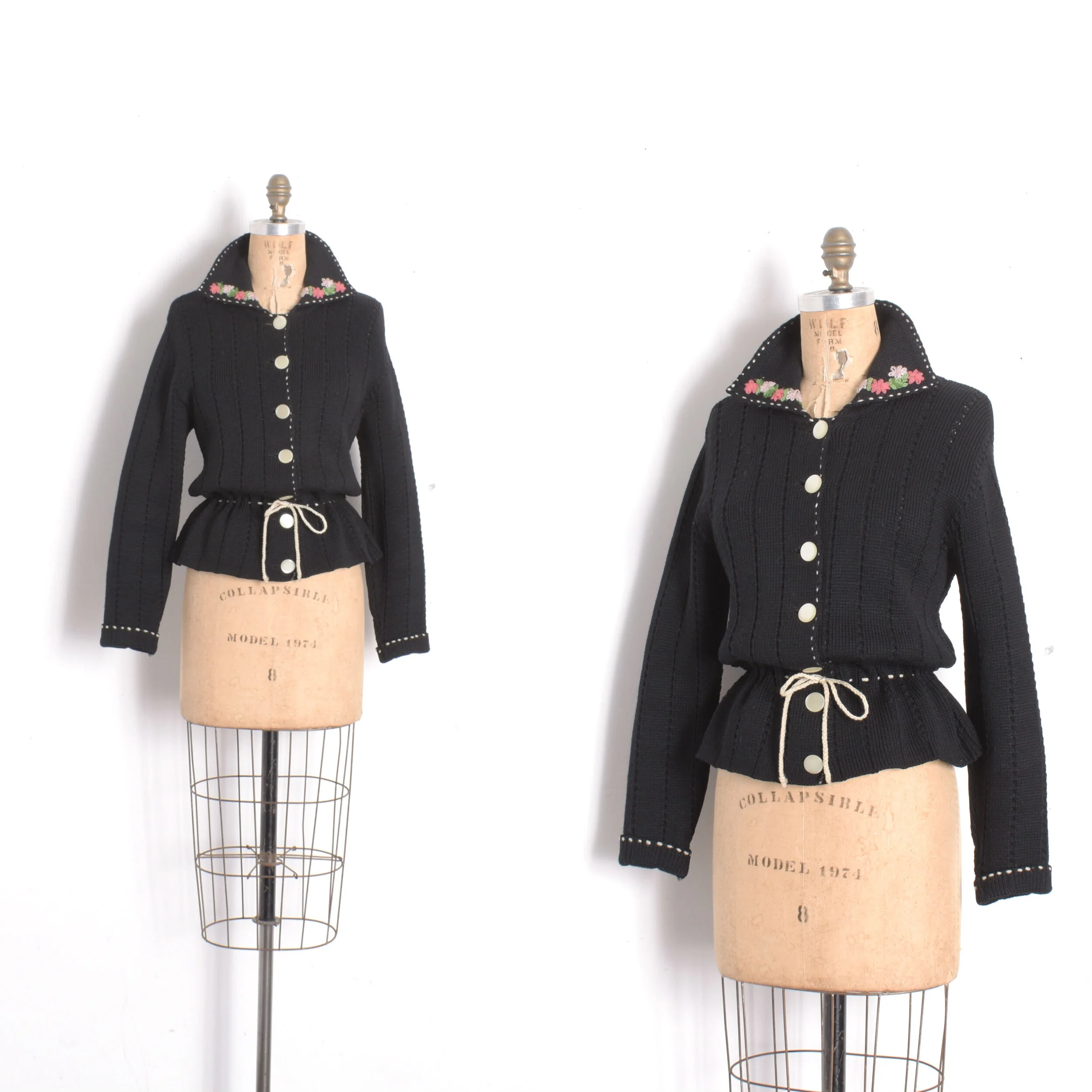 1960s Floral Knit Peplum Sweater-M/L