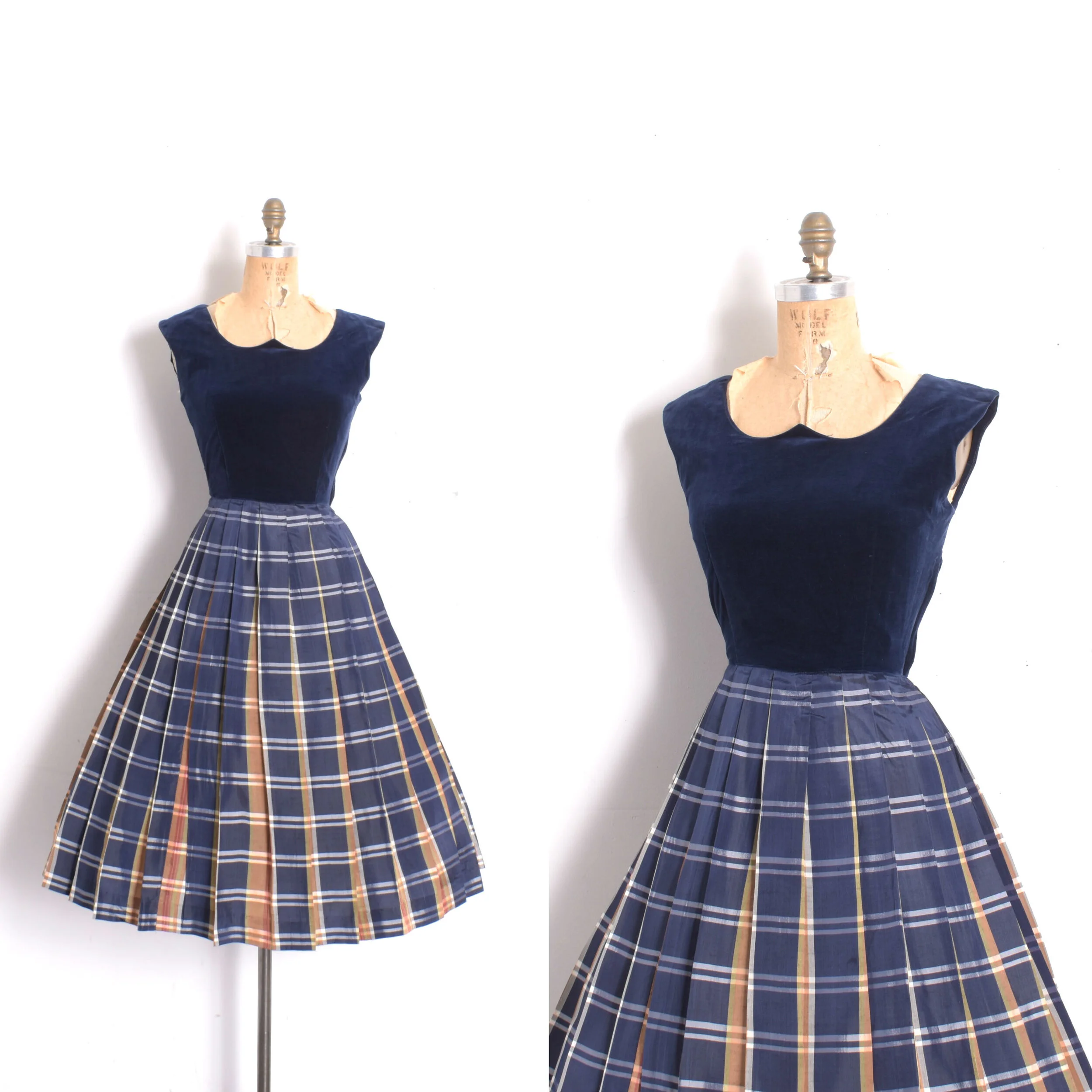 1950s Velvet and Plaid Party Dress-XS