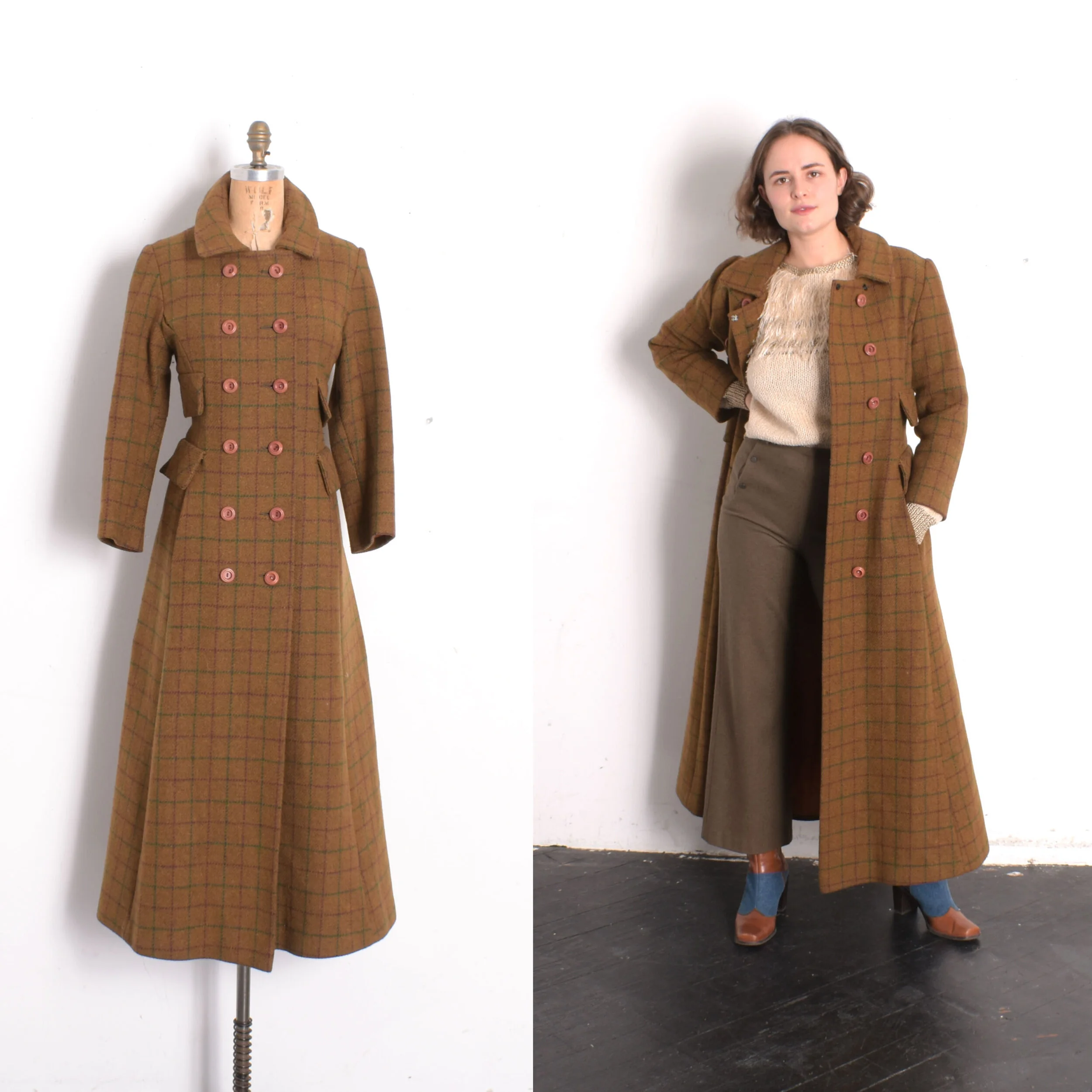 1970s Olive Plaid Wool Coat-S/M