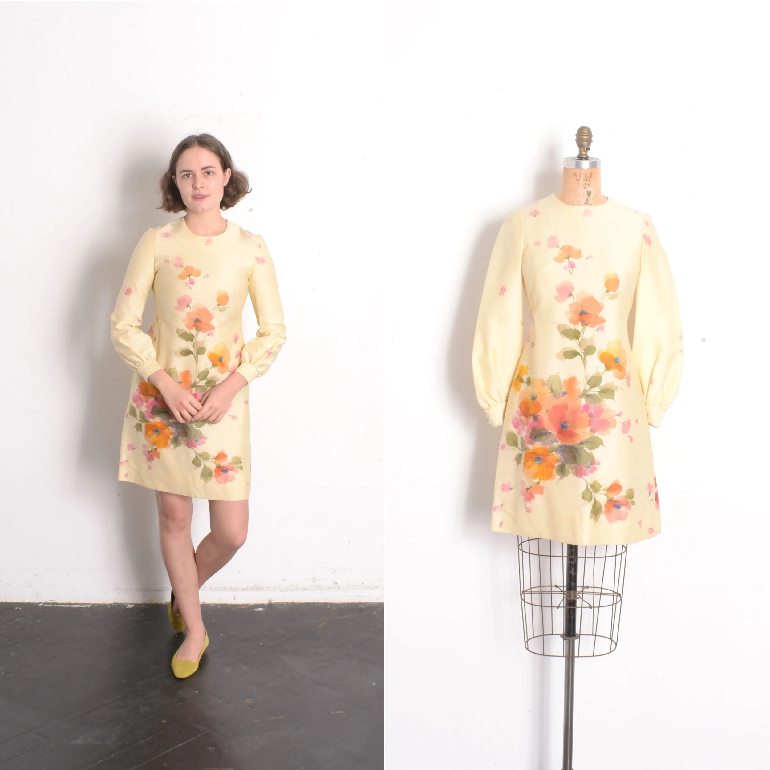 1960s Watercolor Floral Silk Mini Dress-XS/S