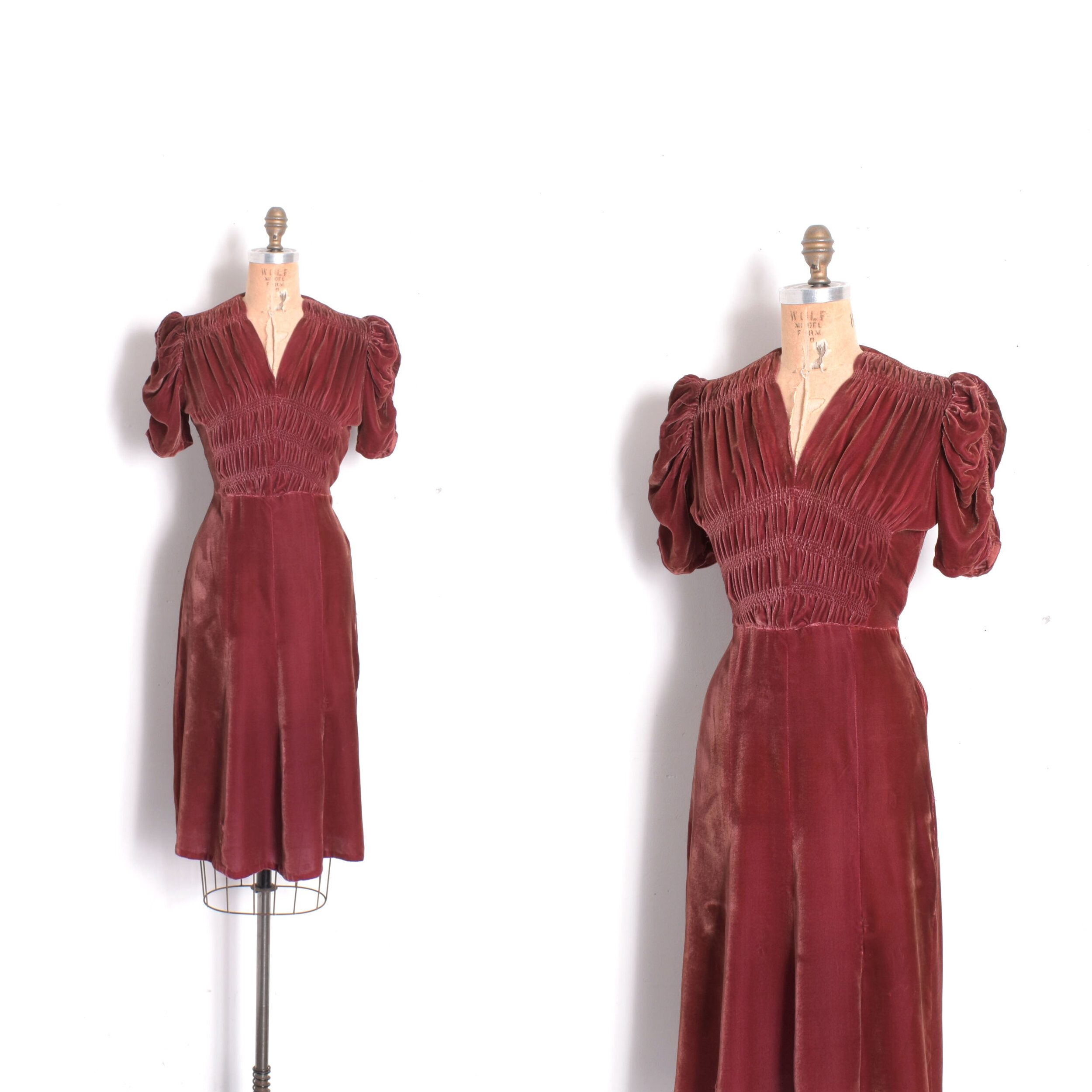 1930s rust red silk velvet puff sleeve dress