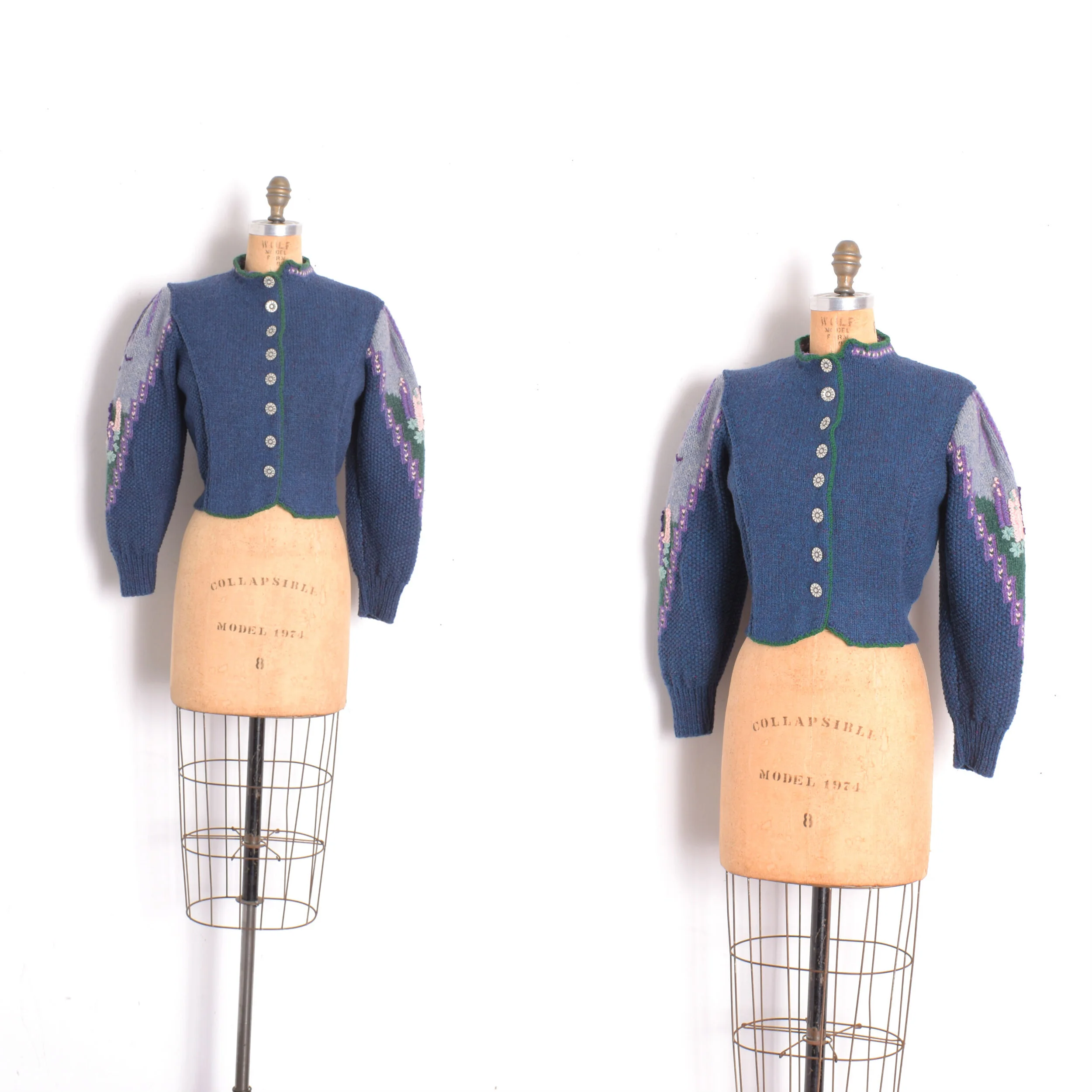 1980s Balloon Sleeve Floral Cropped Cardigan-S/M