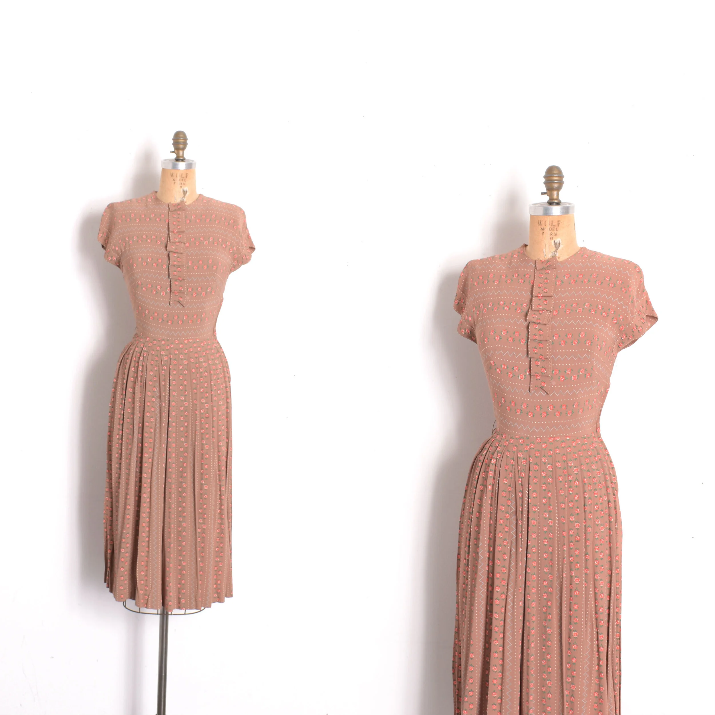 1940s Rose Print Rayon Dress-XS