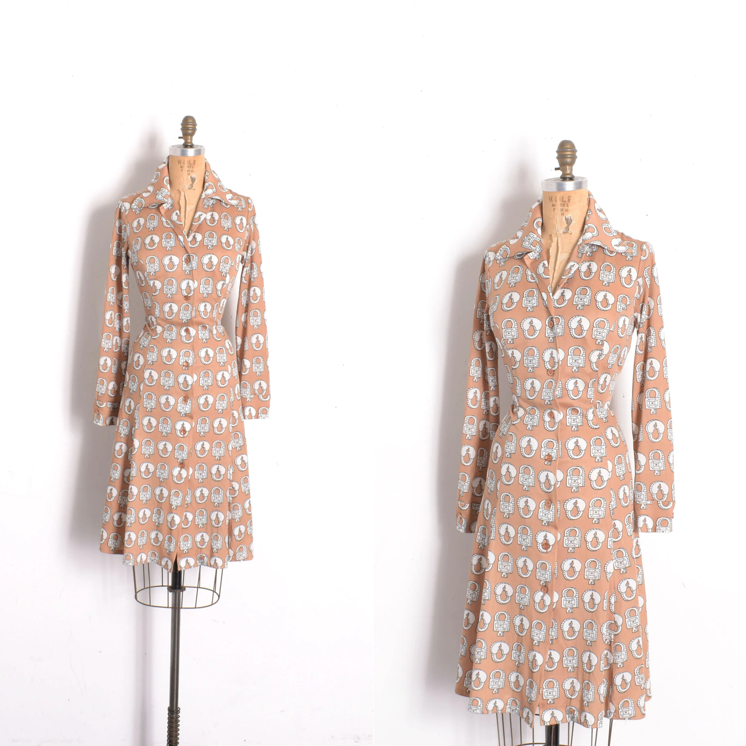 1970s Padlock Print Jersey Shirtdress-medium
