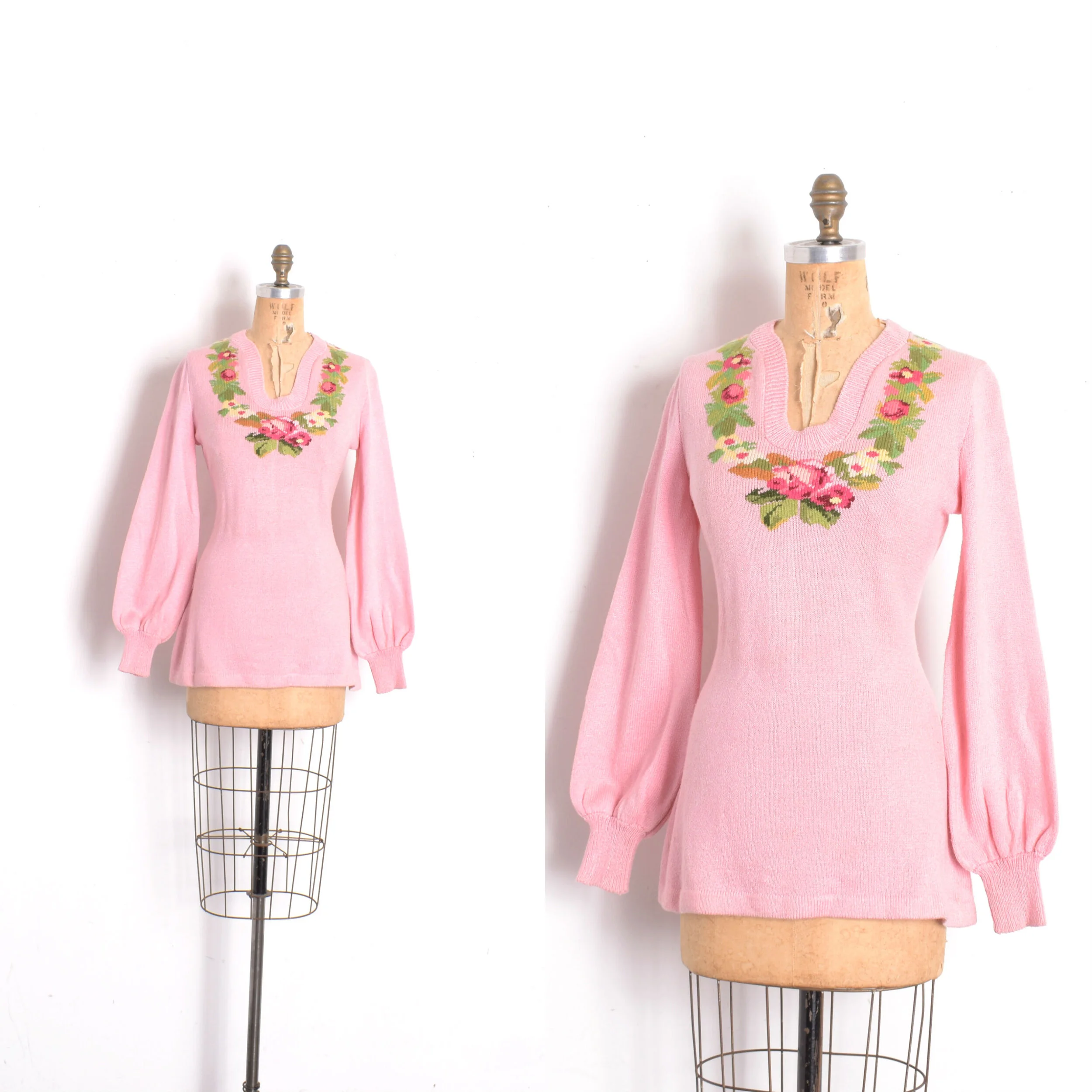 1970s Floral Mutton Sleeve Sweater-S/M