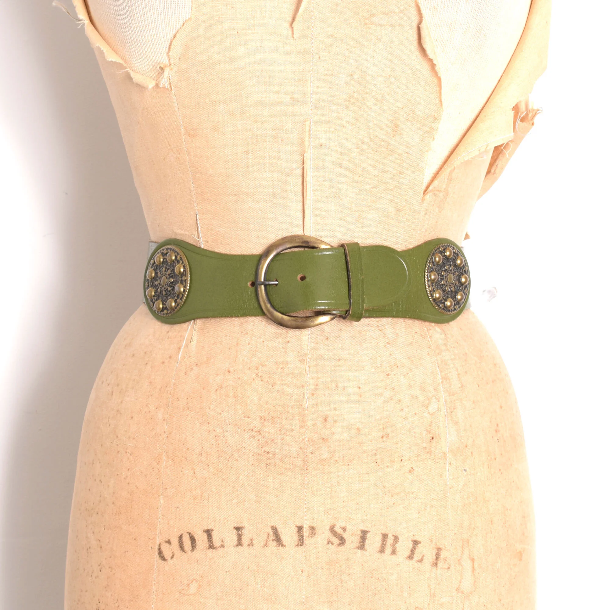 1950s Green Leather Double Medallion Belt-small