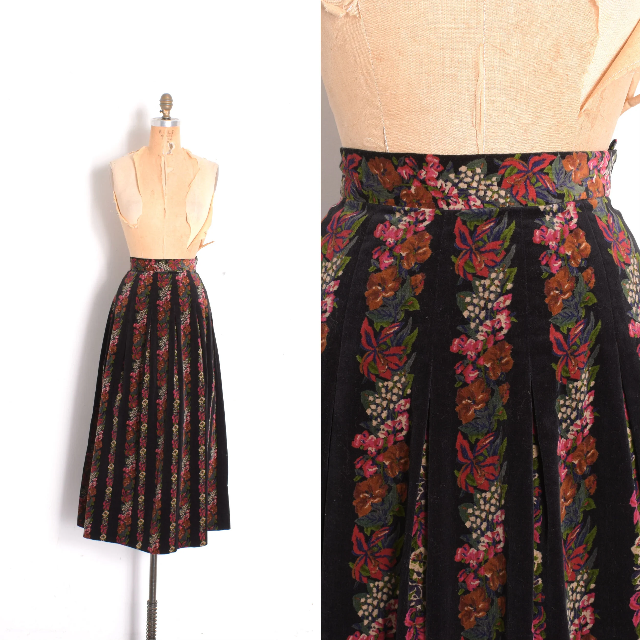 1980s Floral Velvet Midi Skirt-M/L