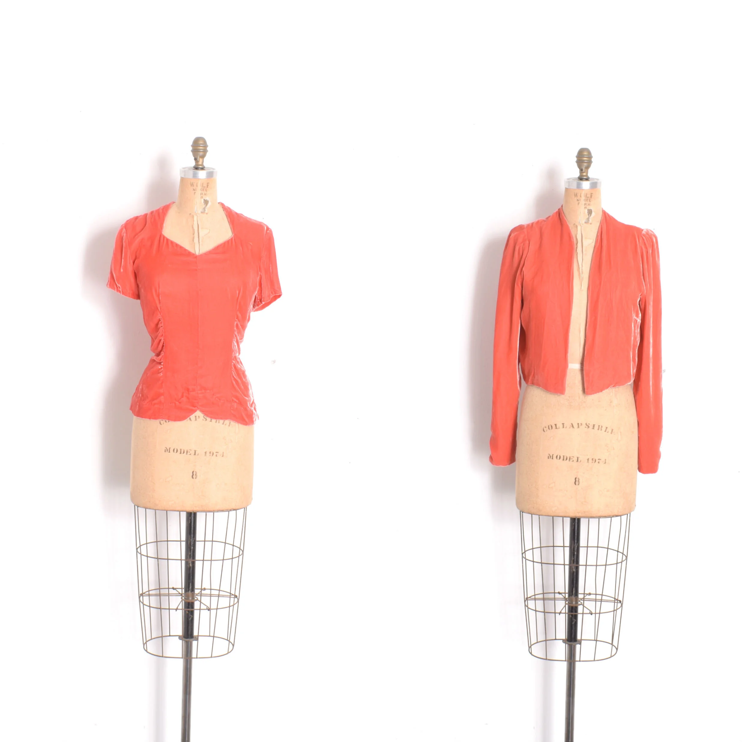 1940s Coral Velvet Blouse and Jacket Set-medium