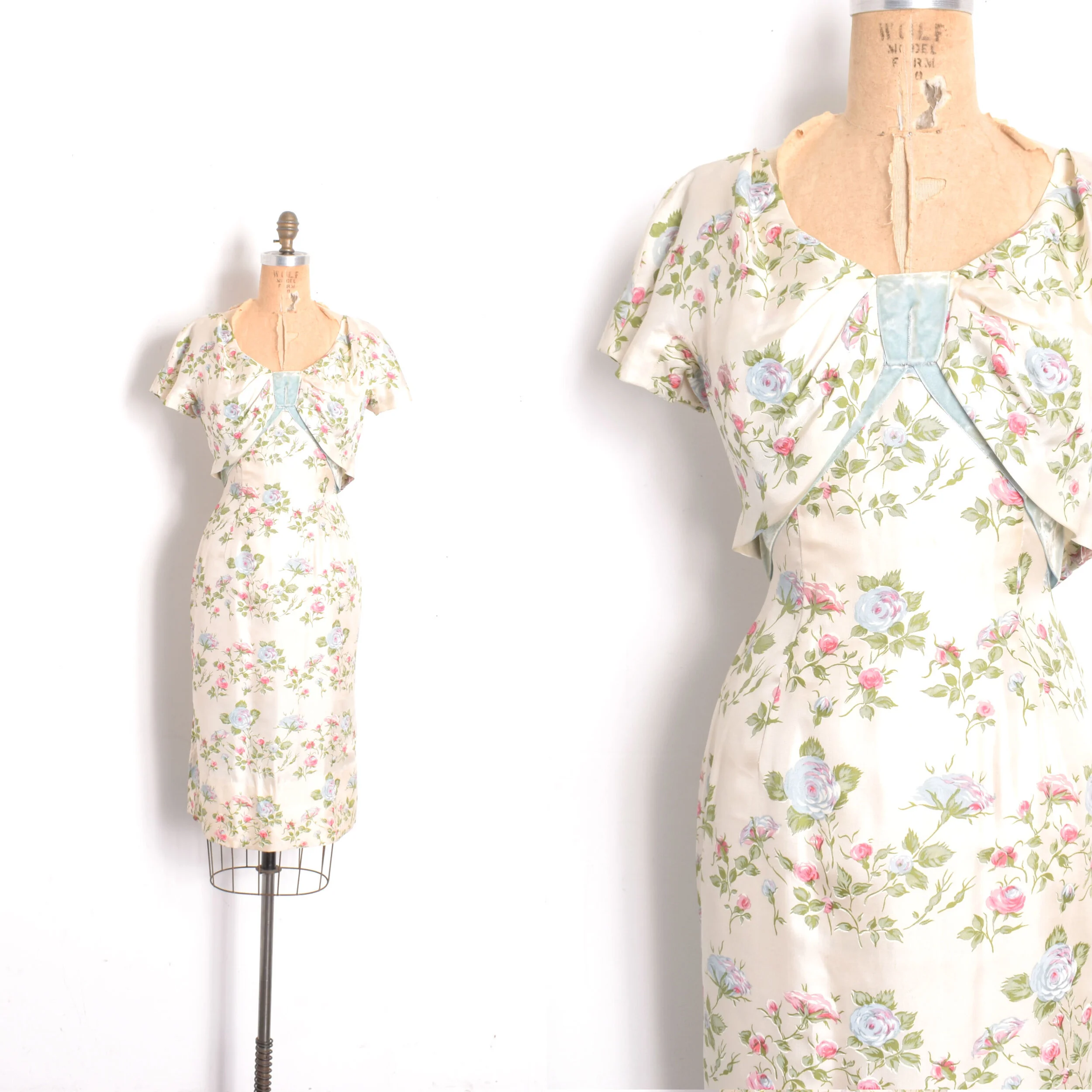 1950s Rose Print Silk Dress-small