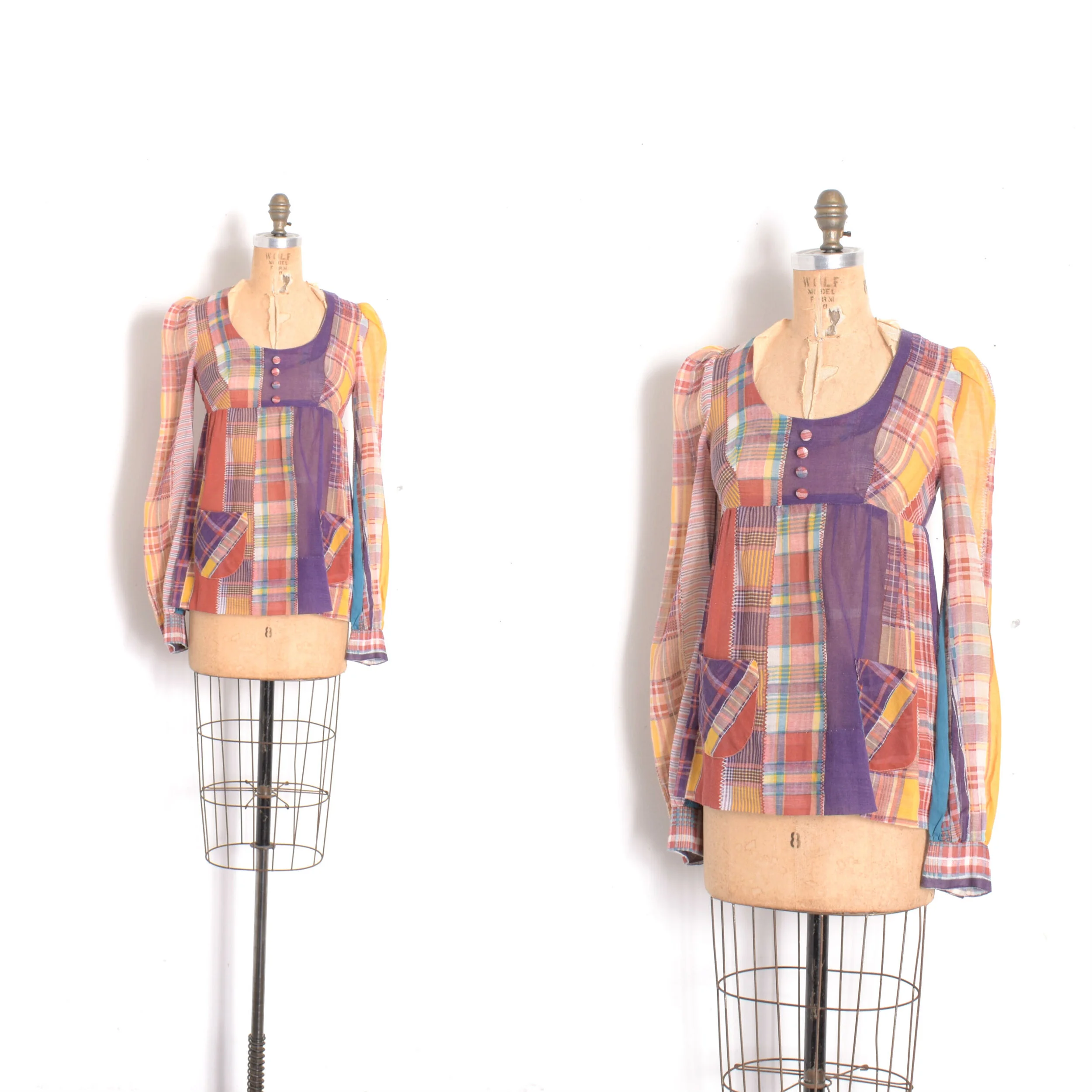 1970s Mixed Madras Plaid Top-XS/S