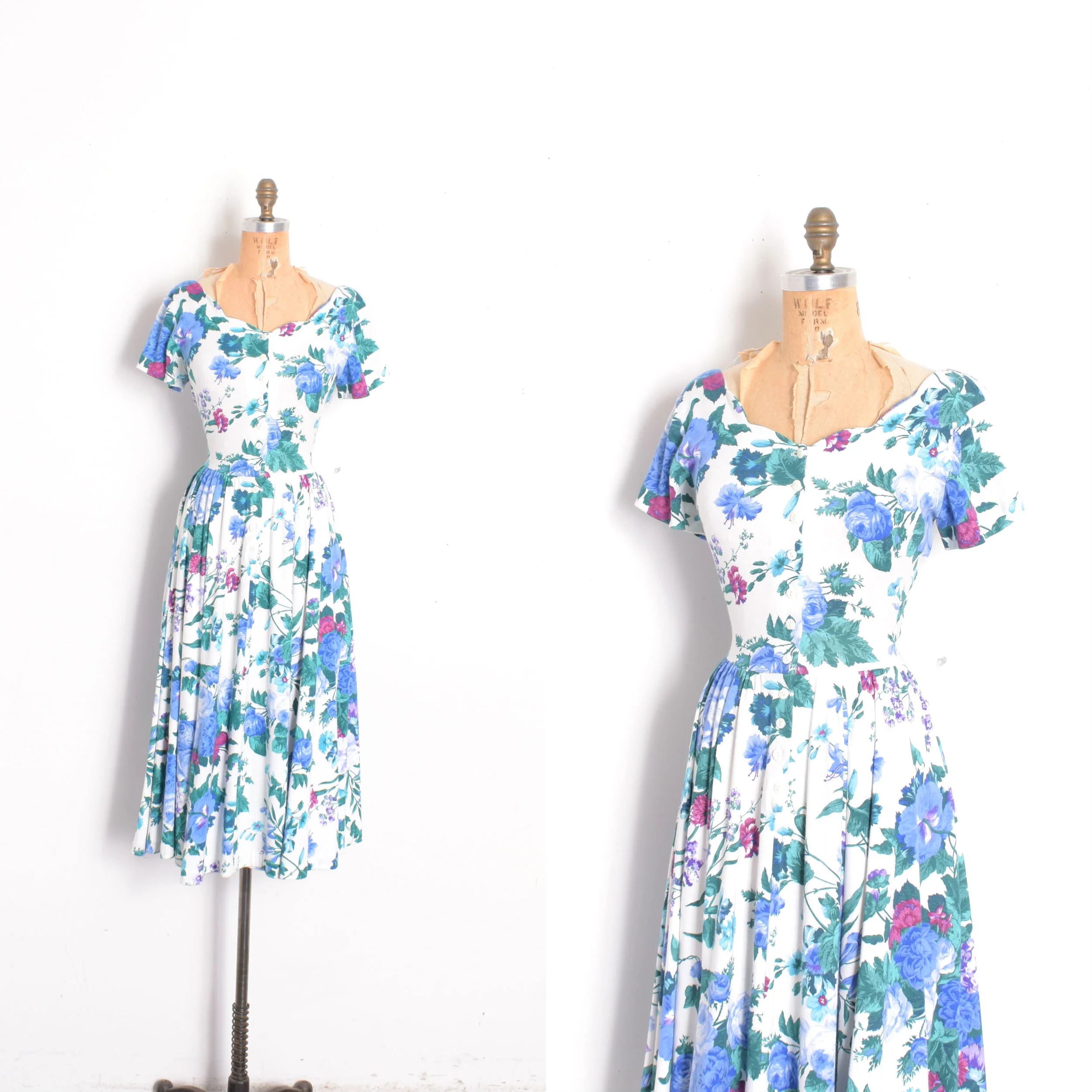 1980s Stretchy Cotton Floral Dress-S/M