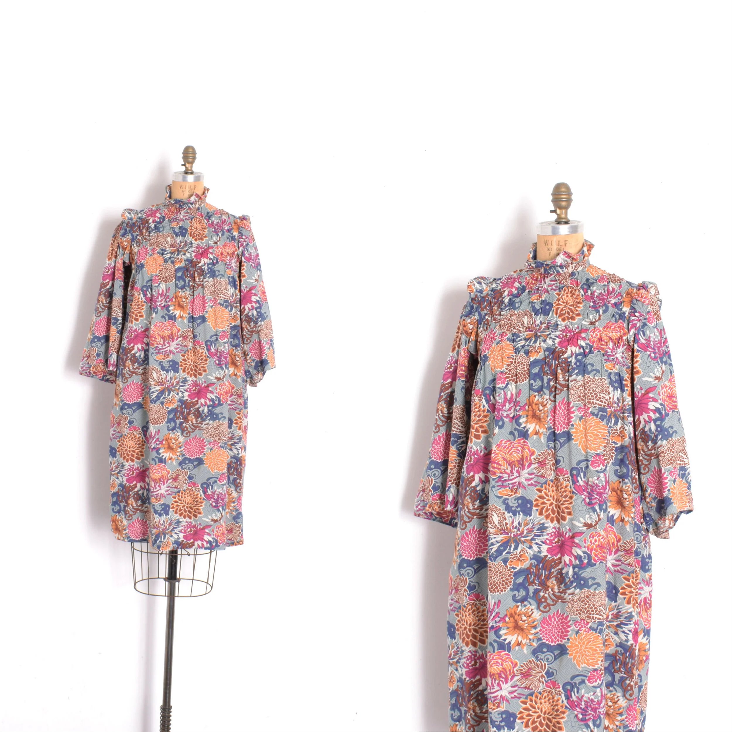1970s Floral Print Smock Dress-S/M