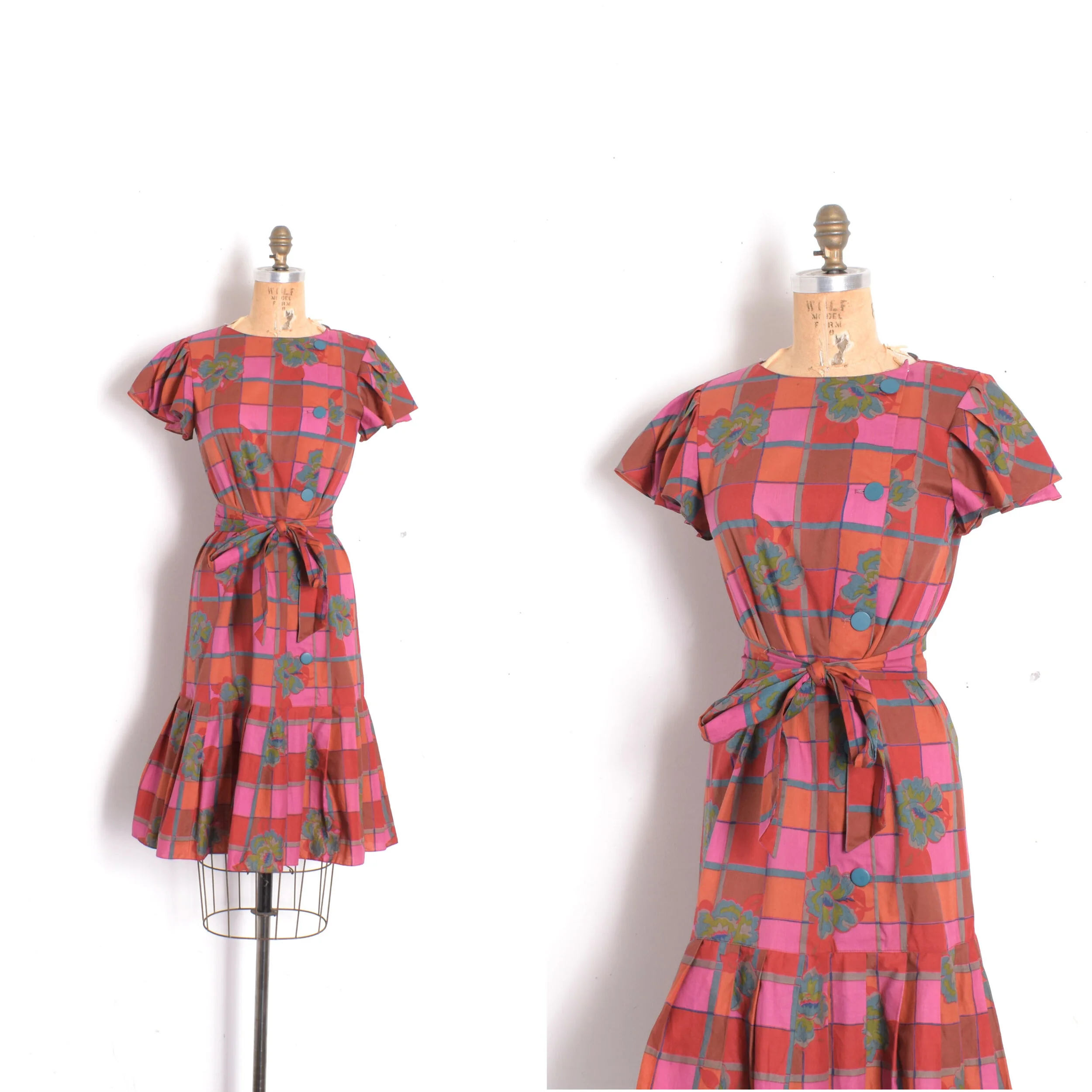 1980s Plaid and Floral Cotton Dress-XS/S