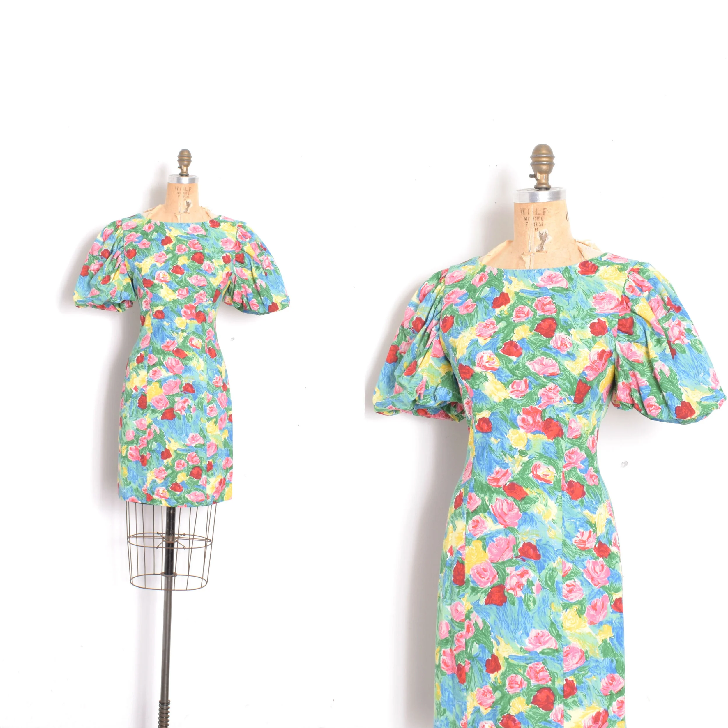 1980s Puff Sleeve Floral Mini Dress-XS/S