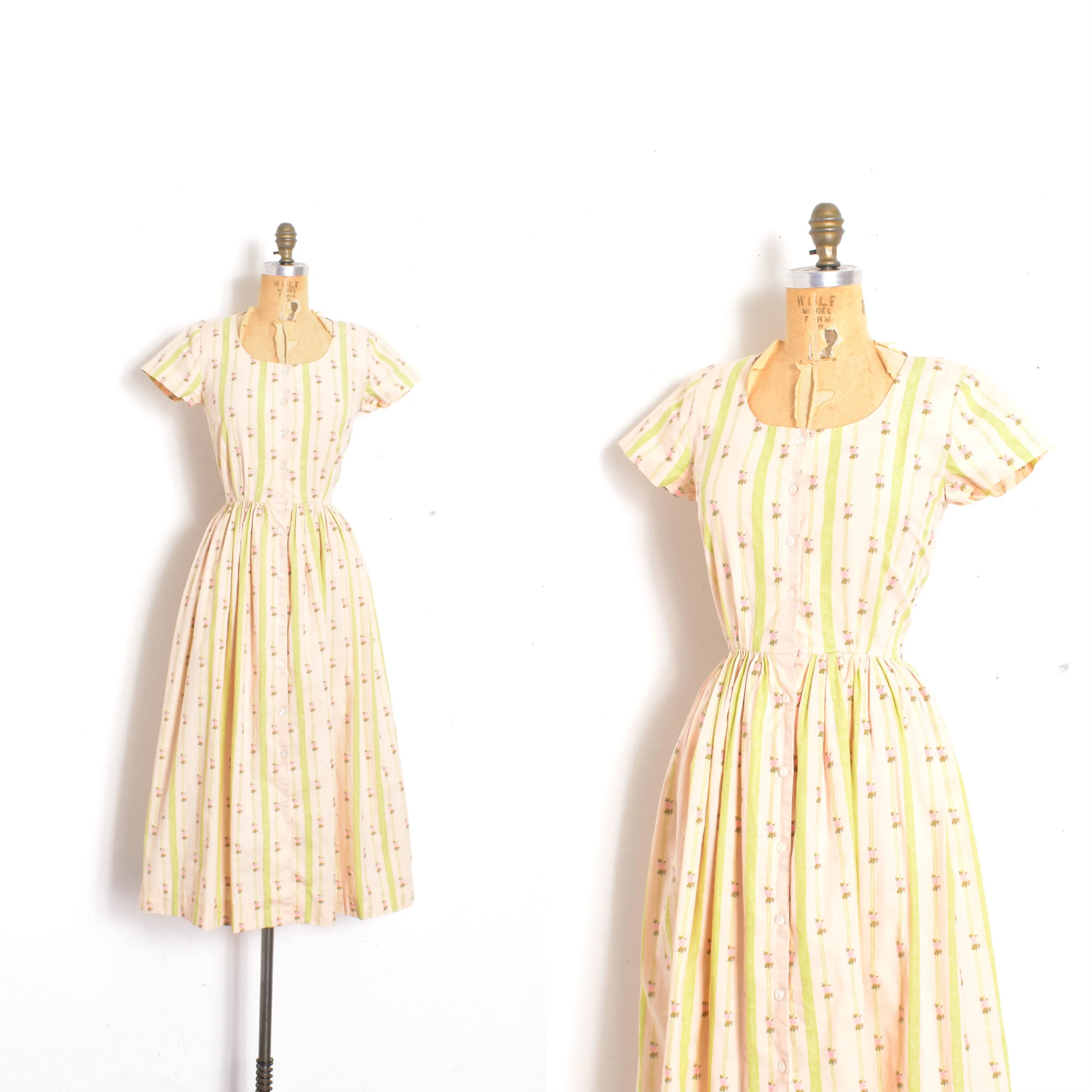 1980s Floral and Stripe Cotton Dress-small
