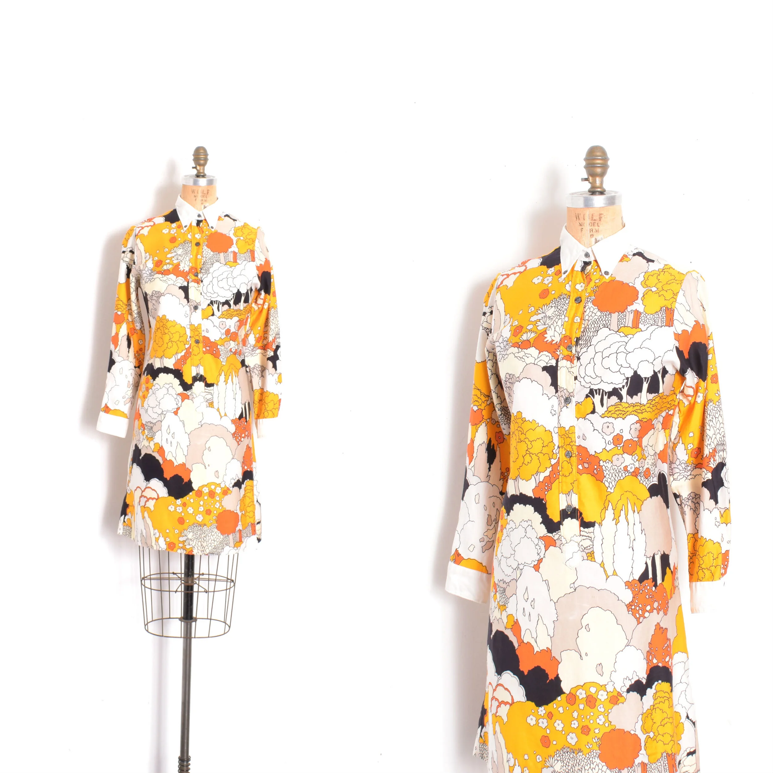 1970s Psychedelic Tree Print Dress-S/M