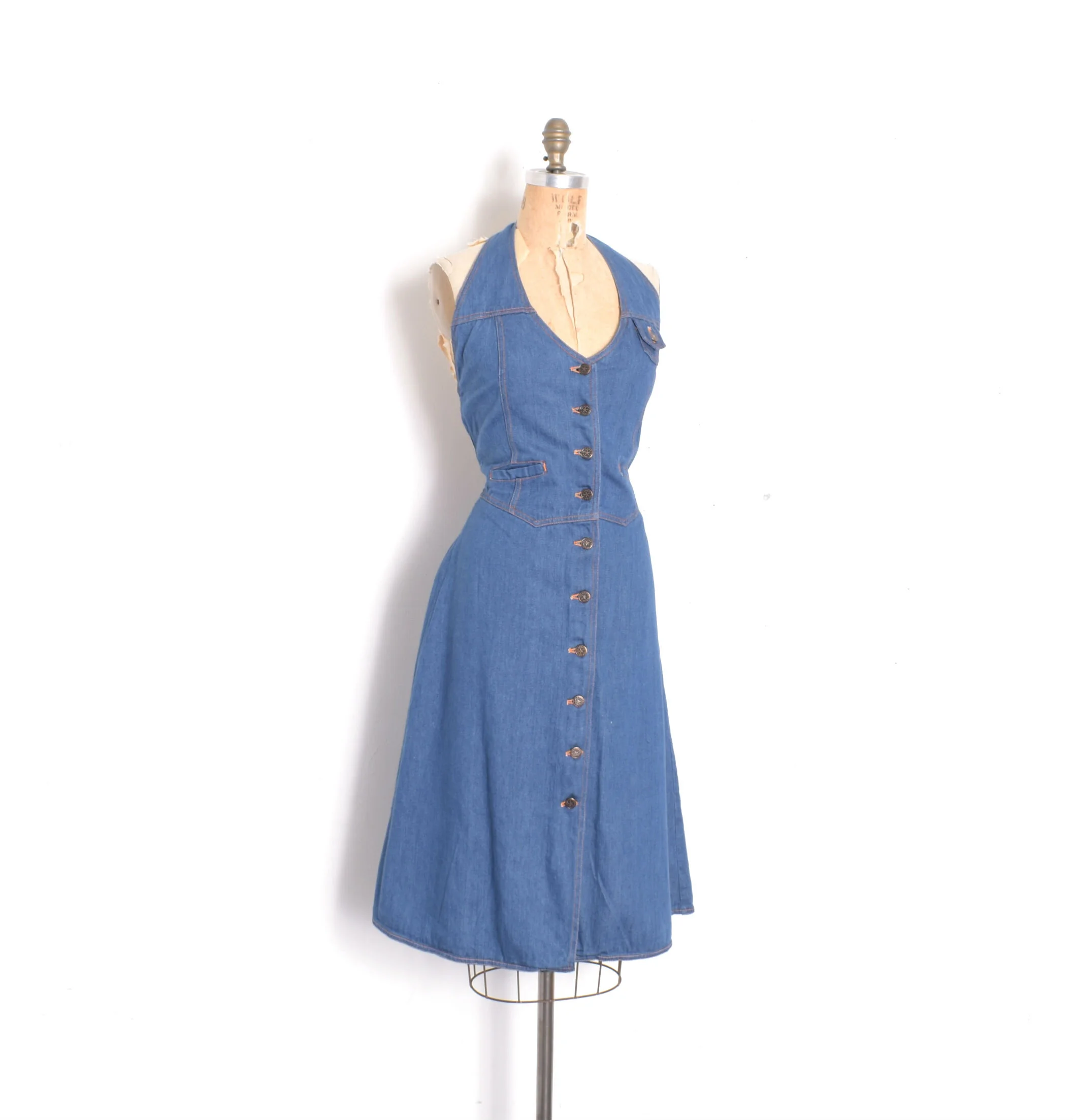 1970s denim dress 1970s Denim Halter Dress-small  La Poubelle Vintage