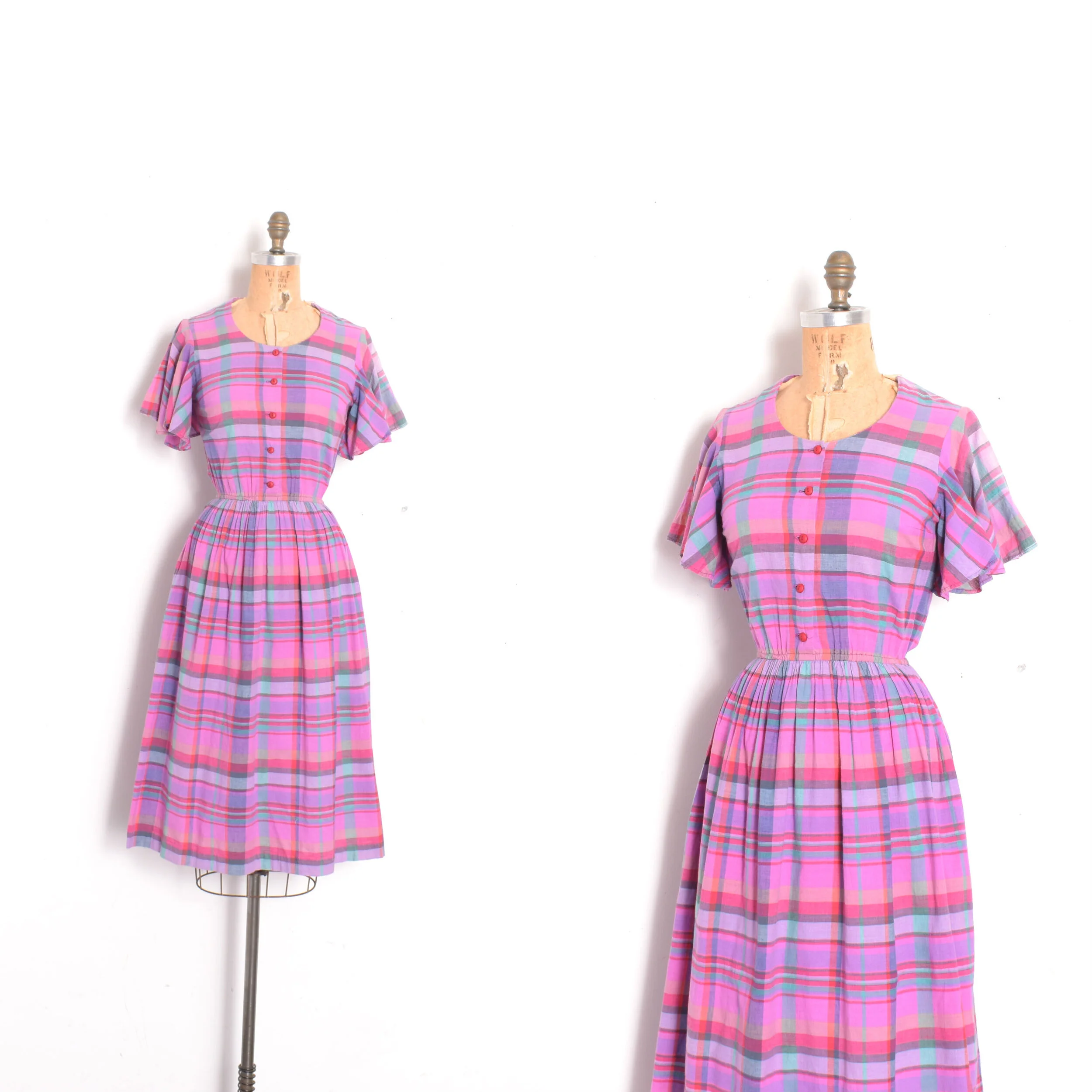 1980s Plaid Cotton Flutter Sleeve Dress-XS/S