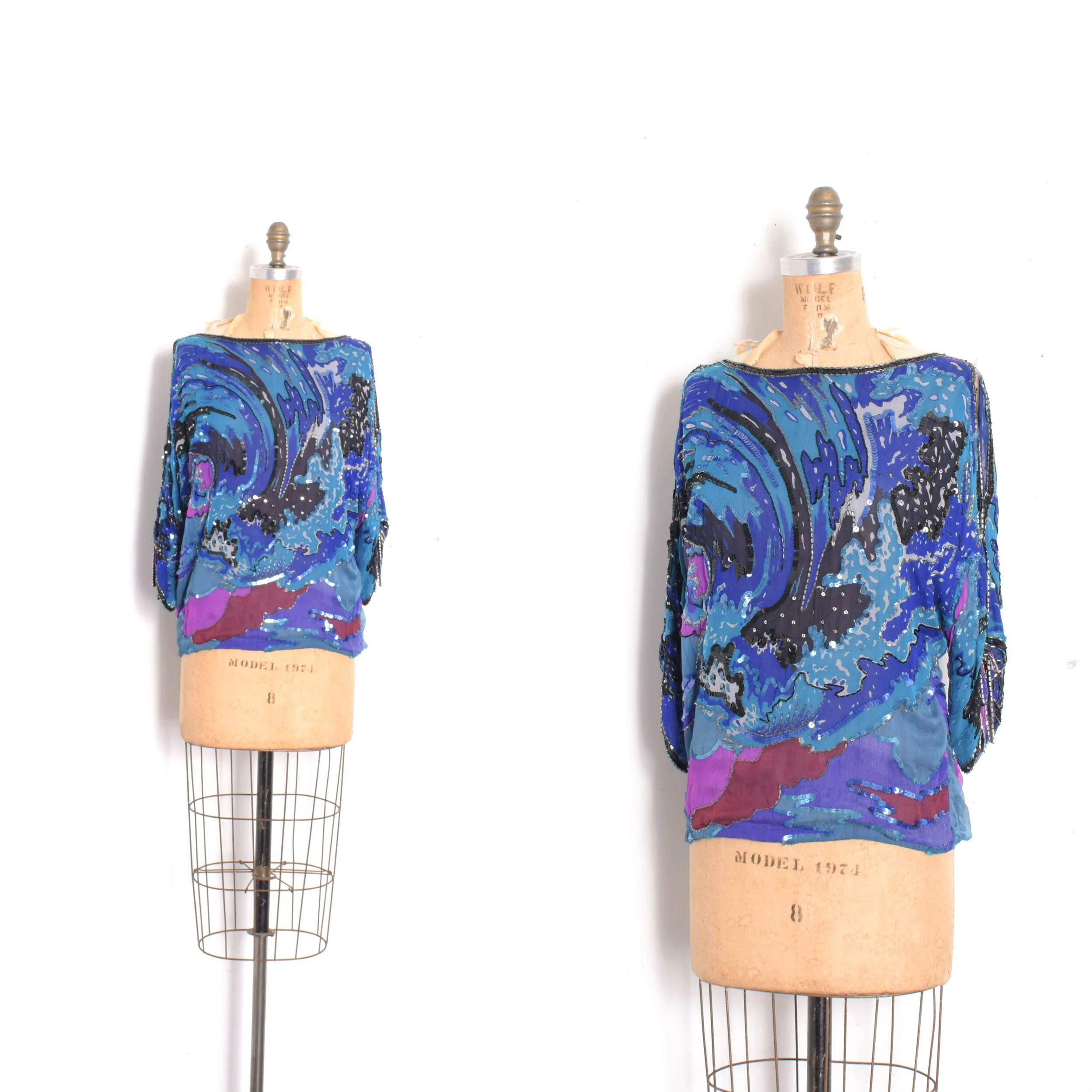 '80s Judith Ann Sequin Silk Cold Shoulder Blouse-S/M