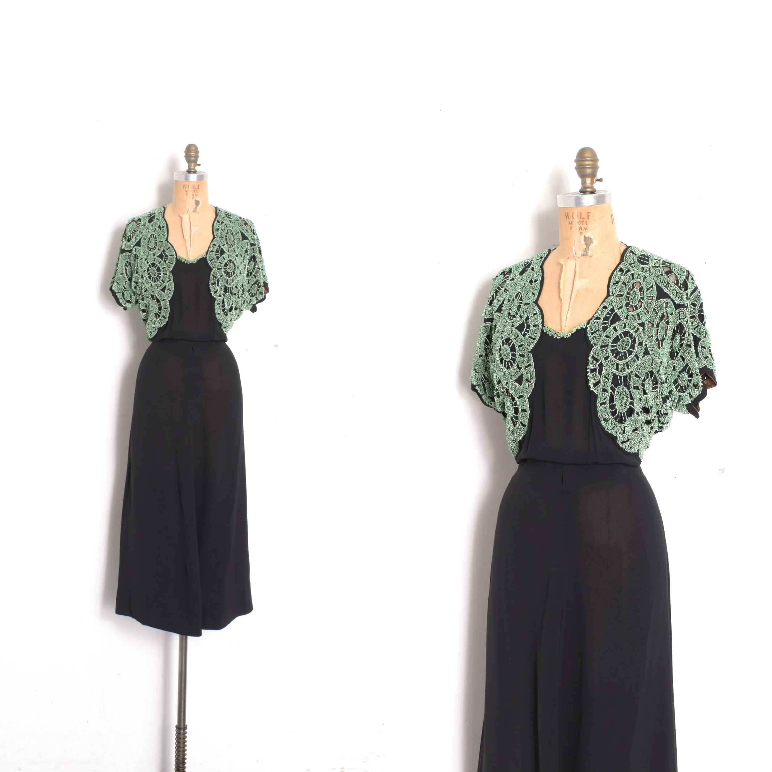 1940s Turquoise Beaded Rayon Dress-L/XL