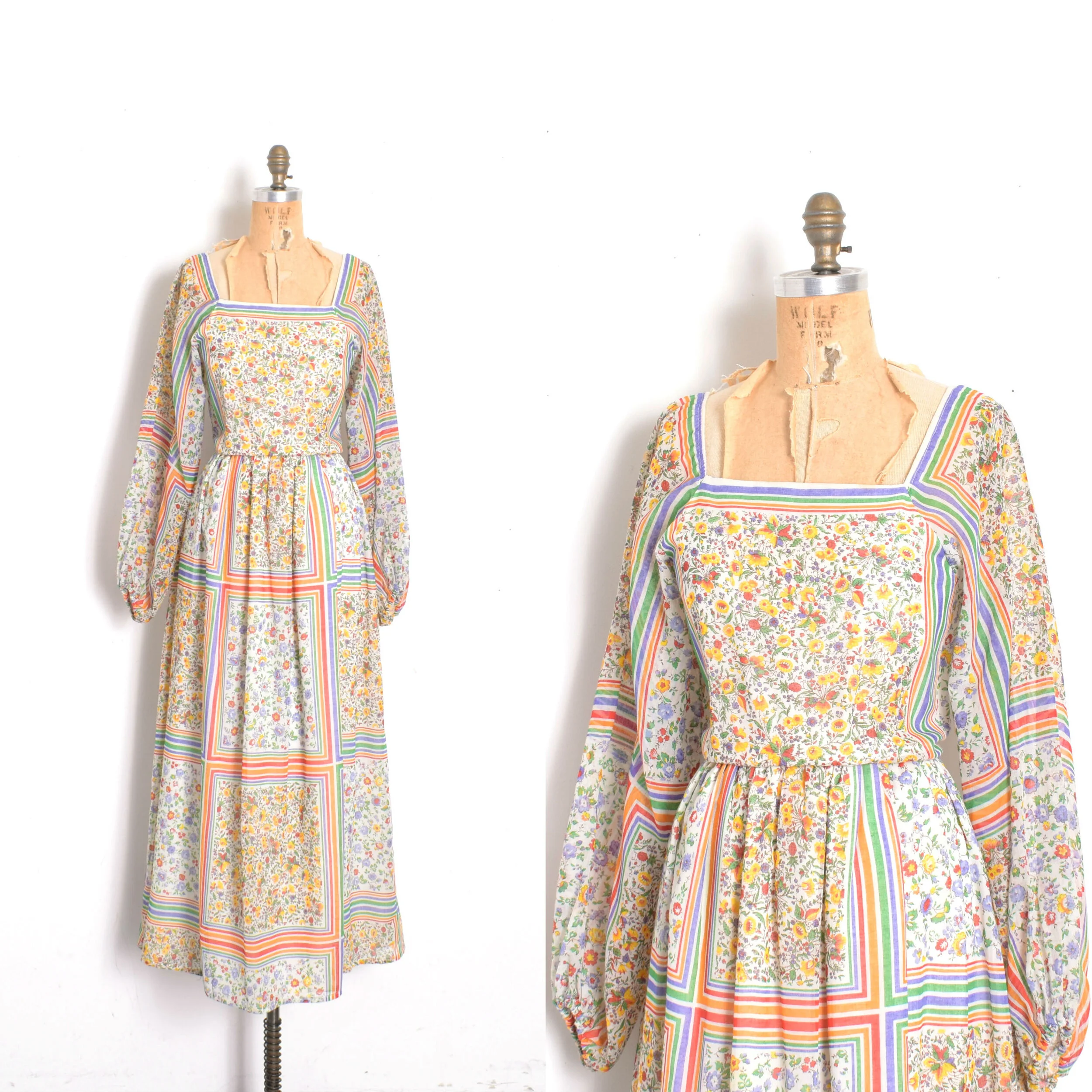 1970s Rainbow Floral Peasant Dress-medium