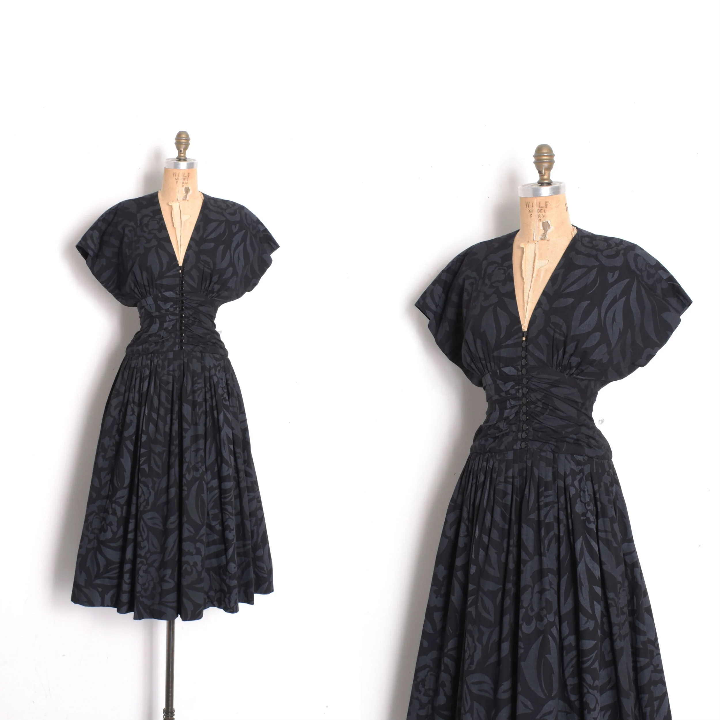 1980s Black Floral Cotton Dress-S/M