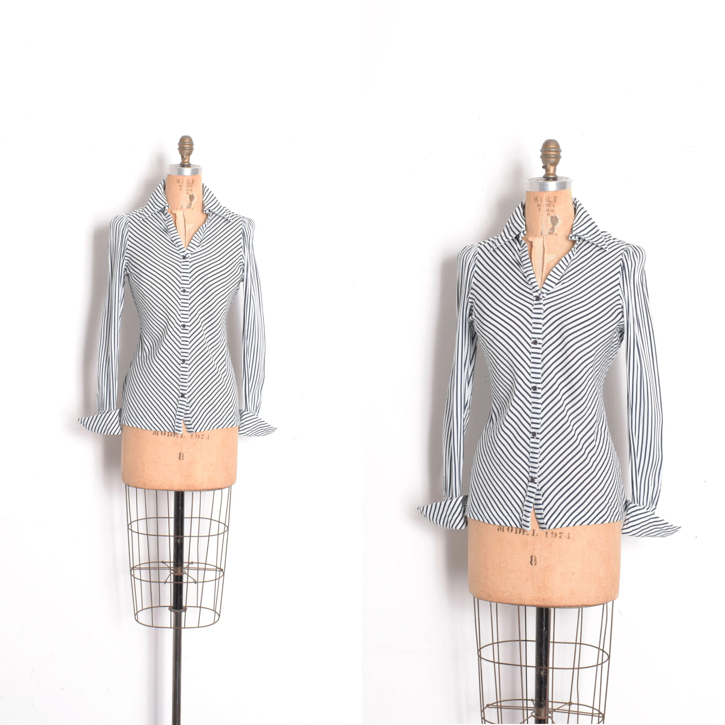 1970s Navy and White Striped Button Up-XS/S