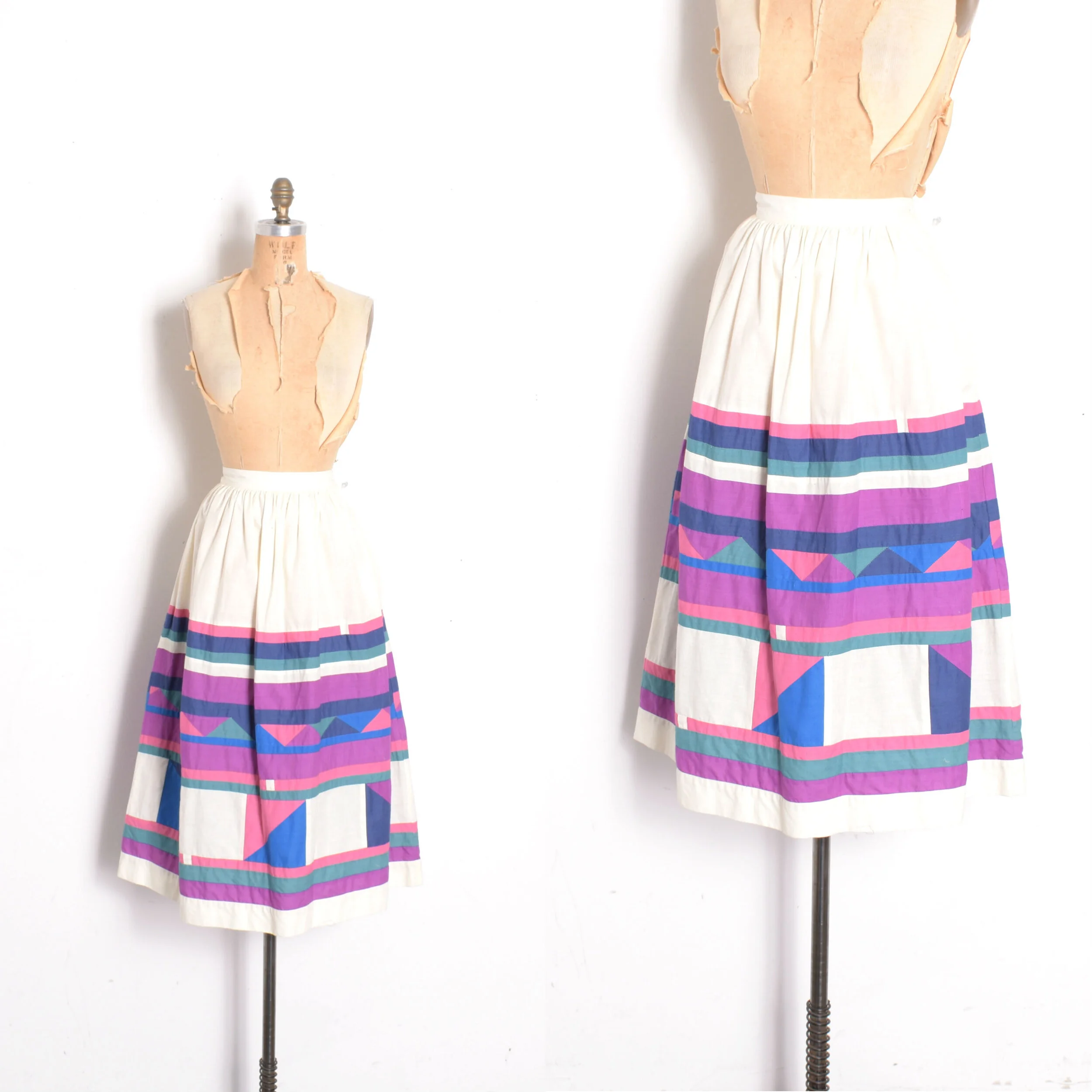 1980s Patchwork Stripe Cotton Skirt-small