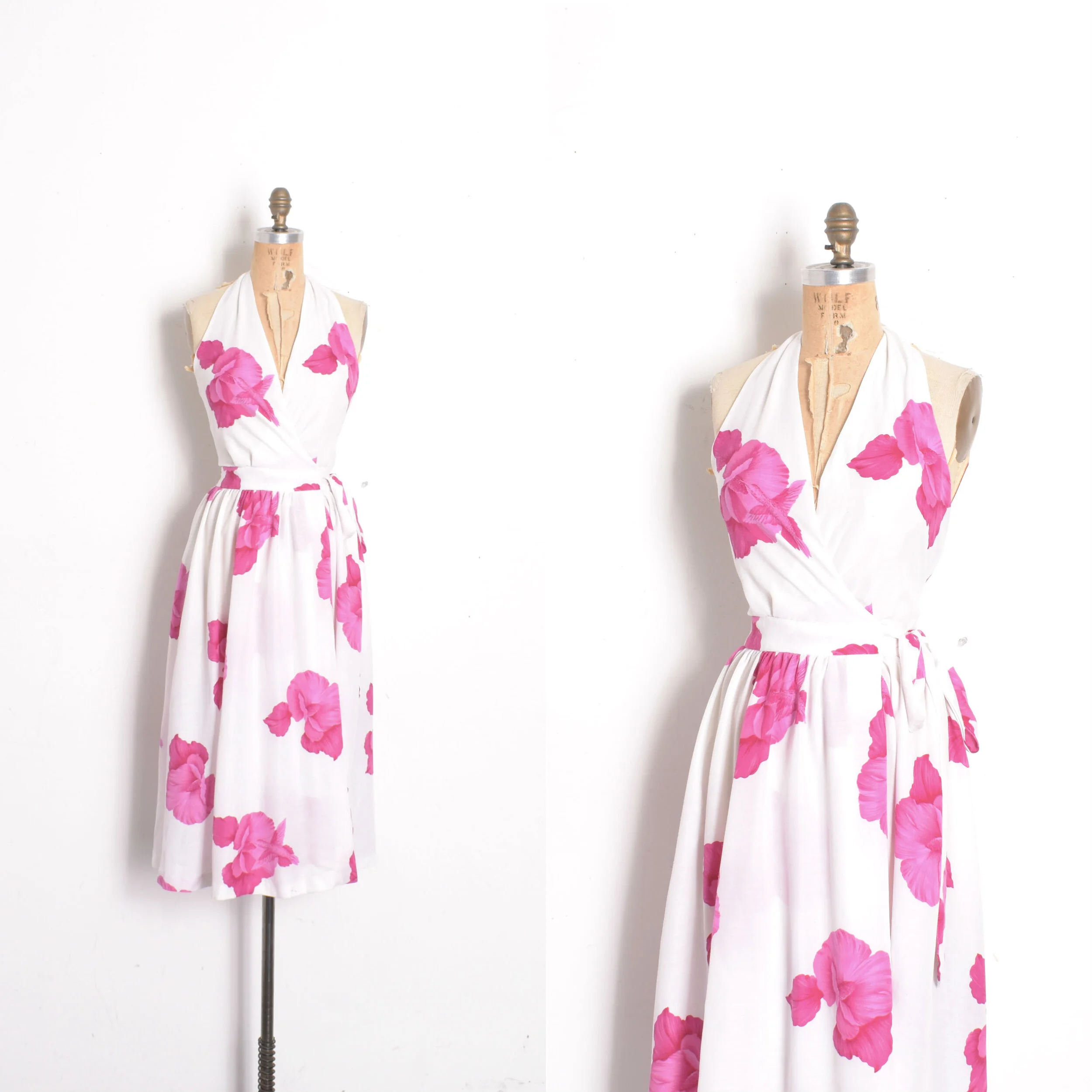 1970s Hibiscus Floral Halter Dress-S/M