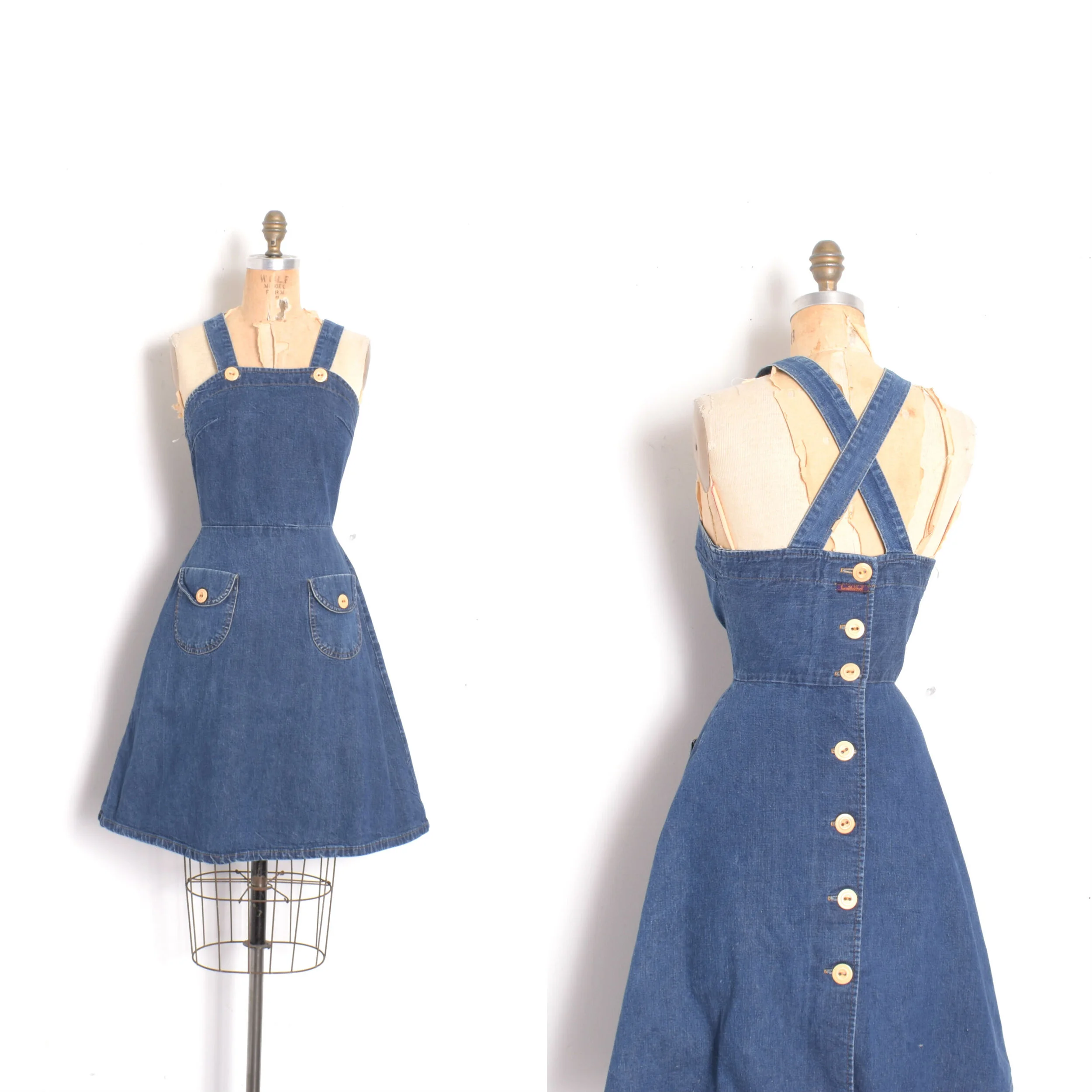 SOLD on layaway...1970s Landlubber Button Back Denim Dress-small