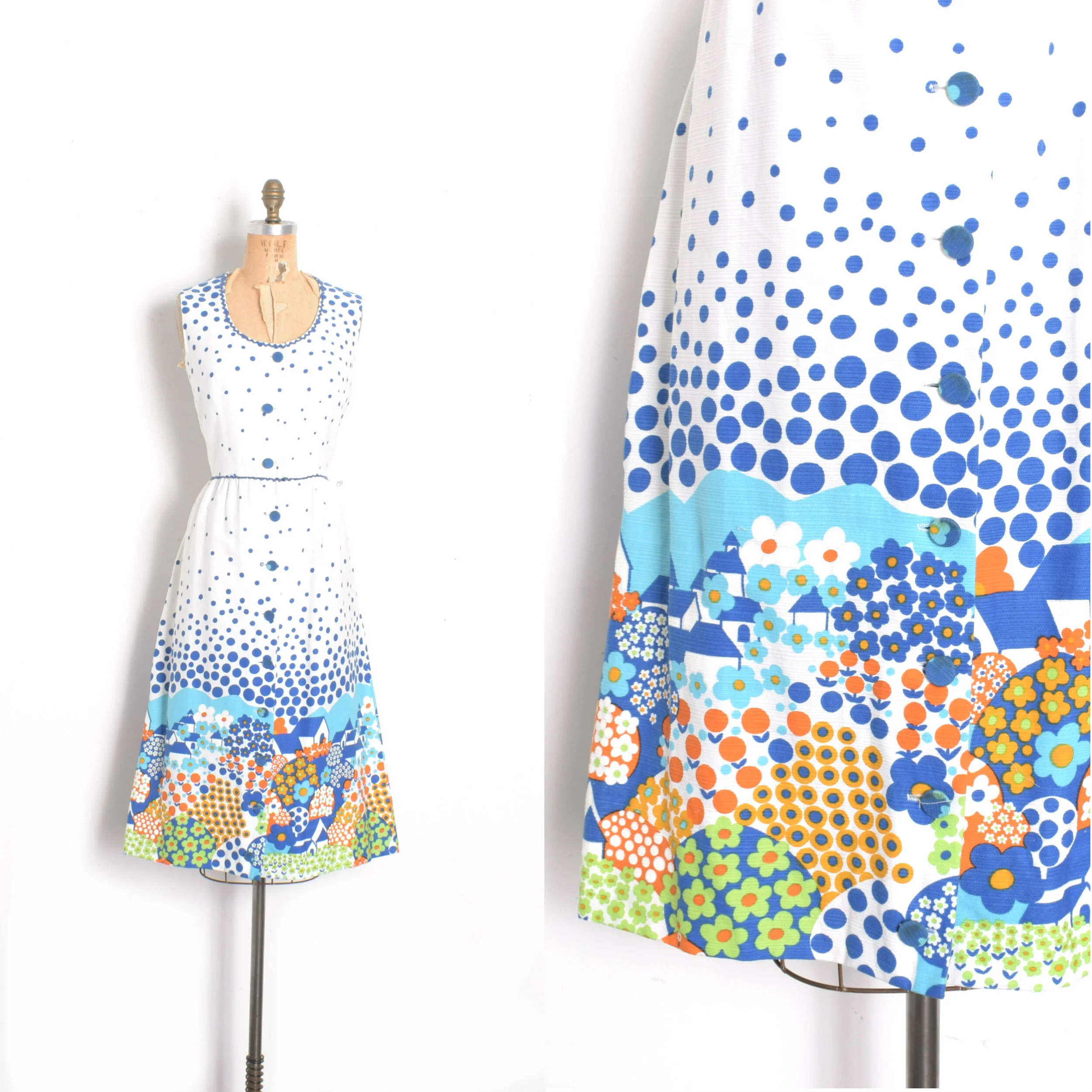 1960s Polka Dot Scenic Print Dress-large