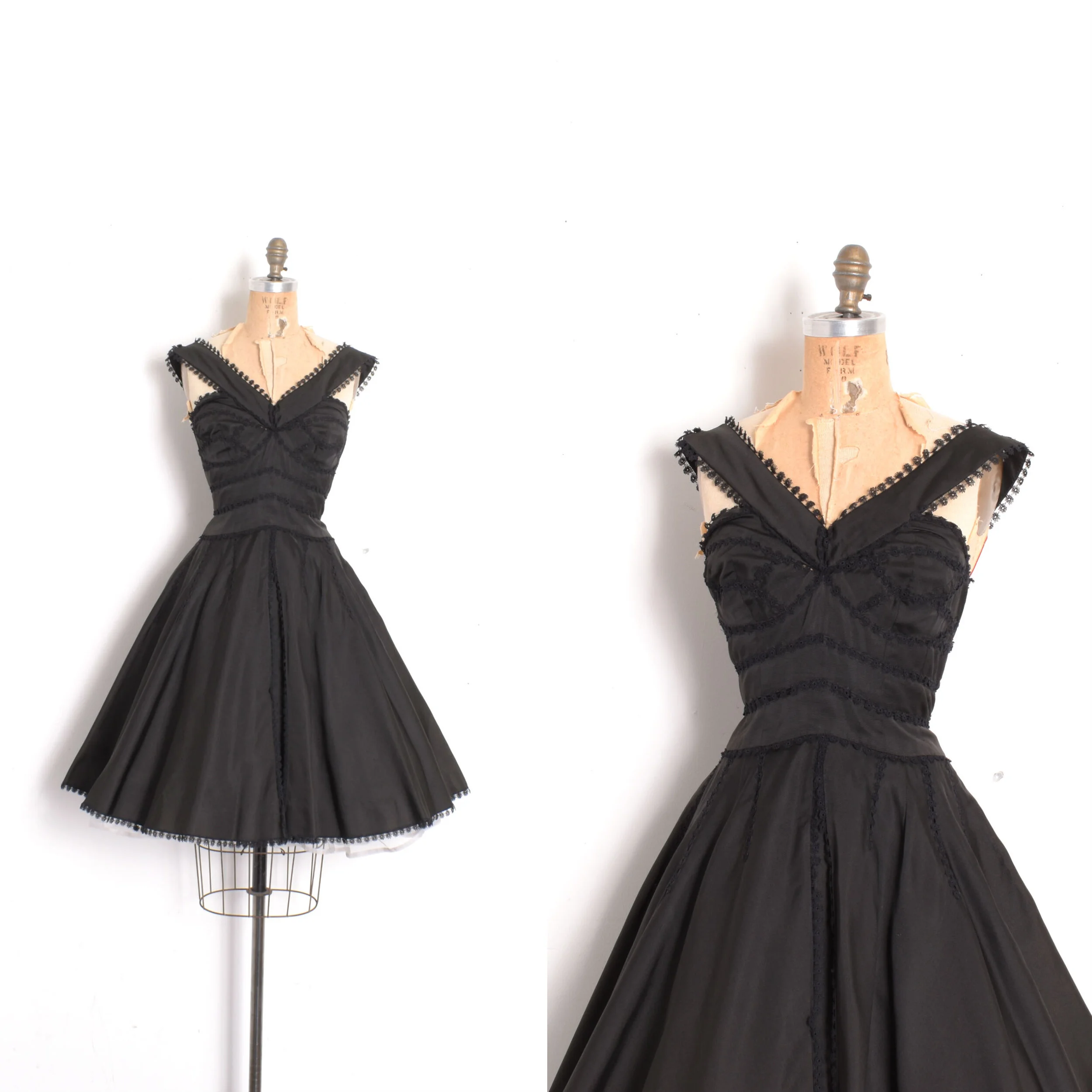 1950s Floral Trim Black Silk Party Dress-small