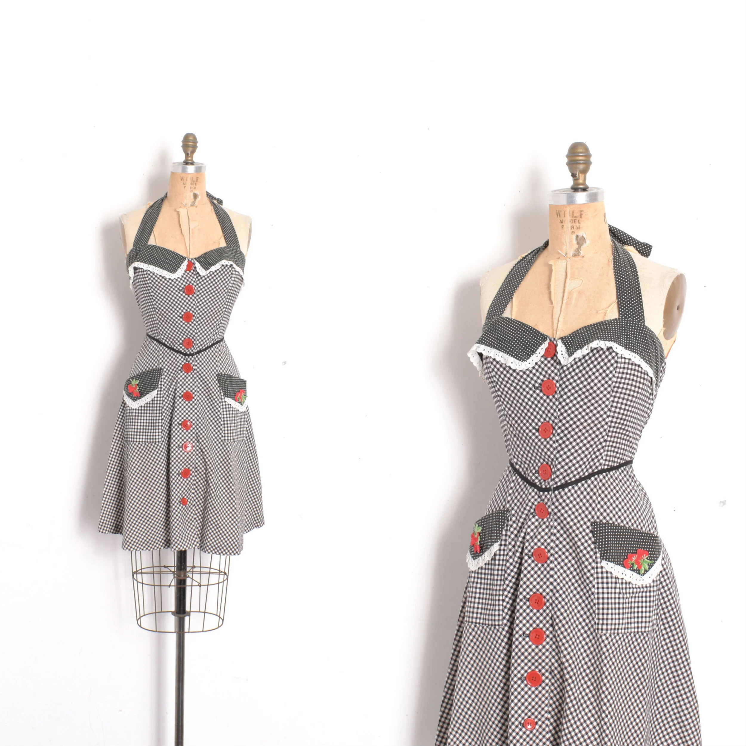 '70s Gingham Check Picnic Halter Dress-small
