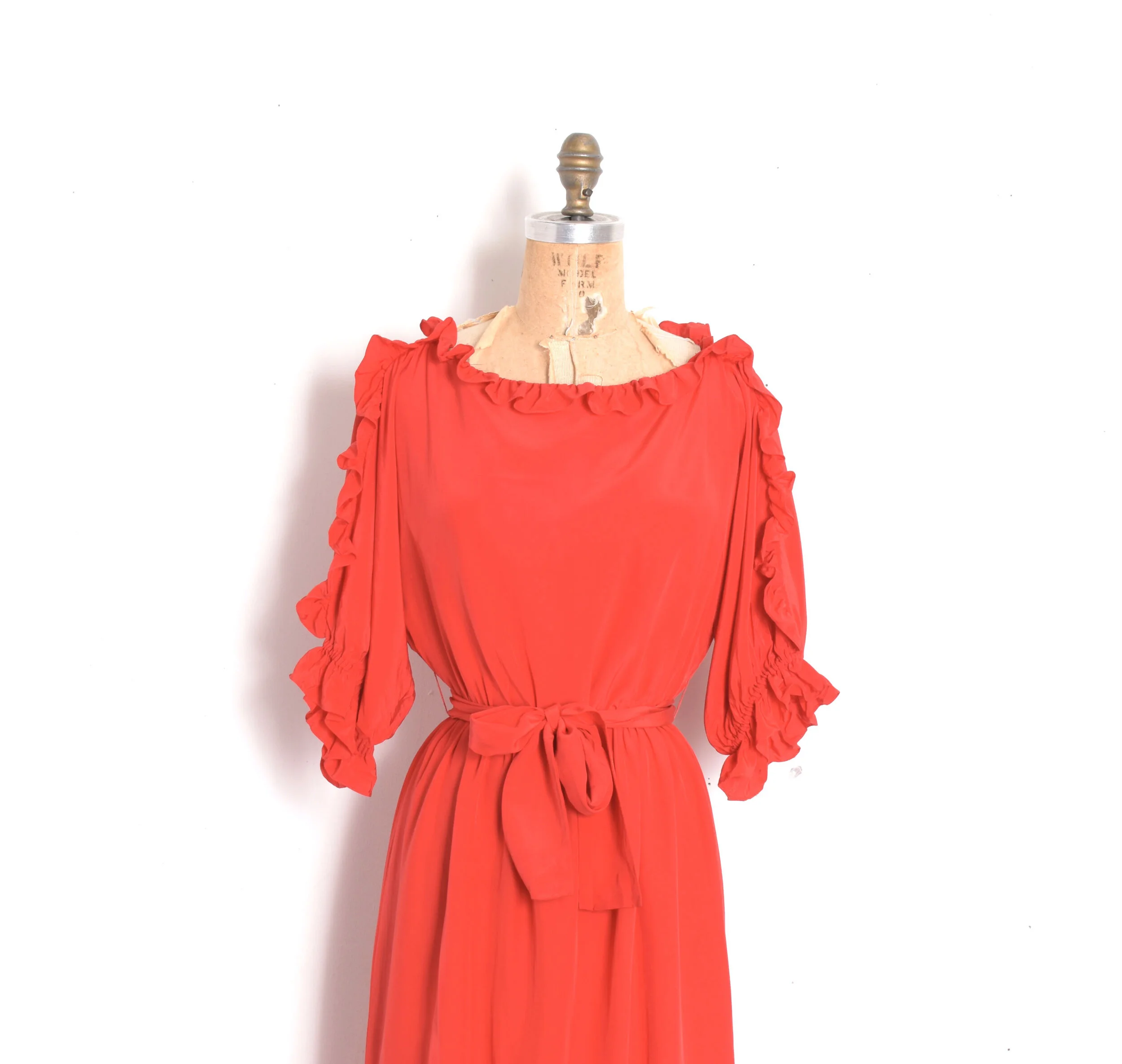 1980s Tomato Red Silk Ruffle Dress-small