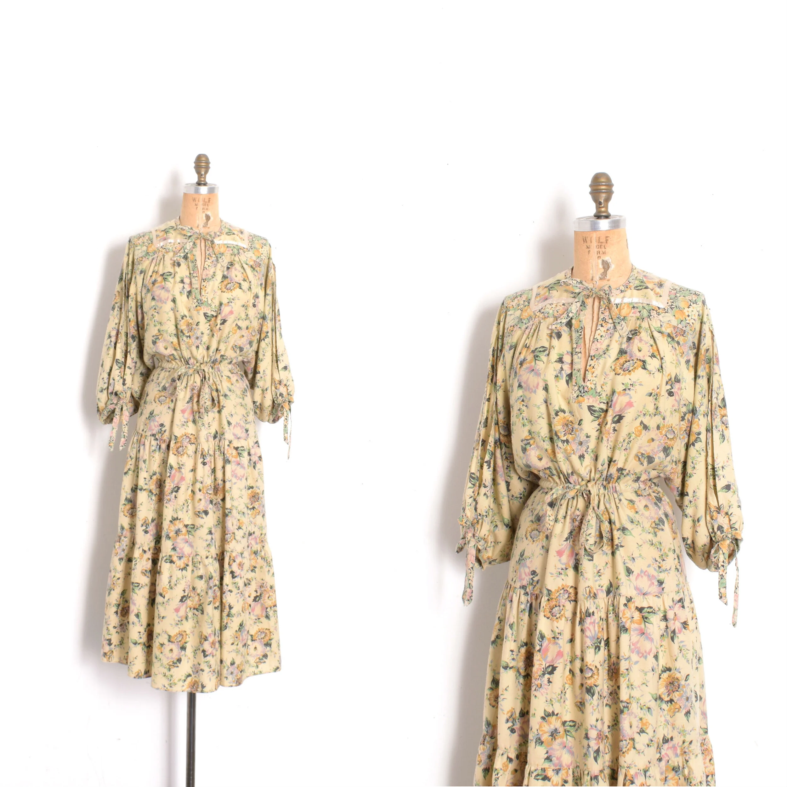 1970s Dreamy Floral Dress with Cutout Sleeves-S/M/L