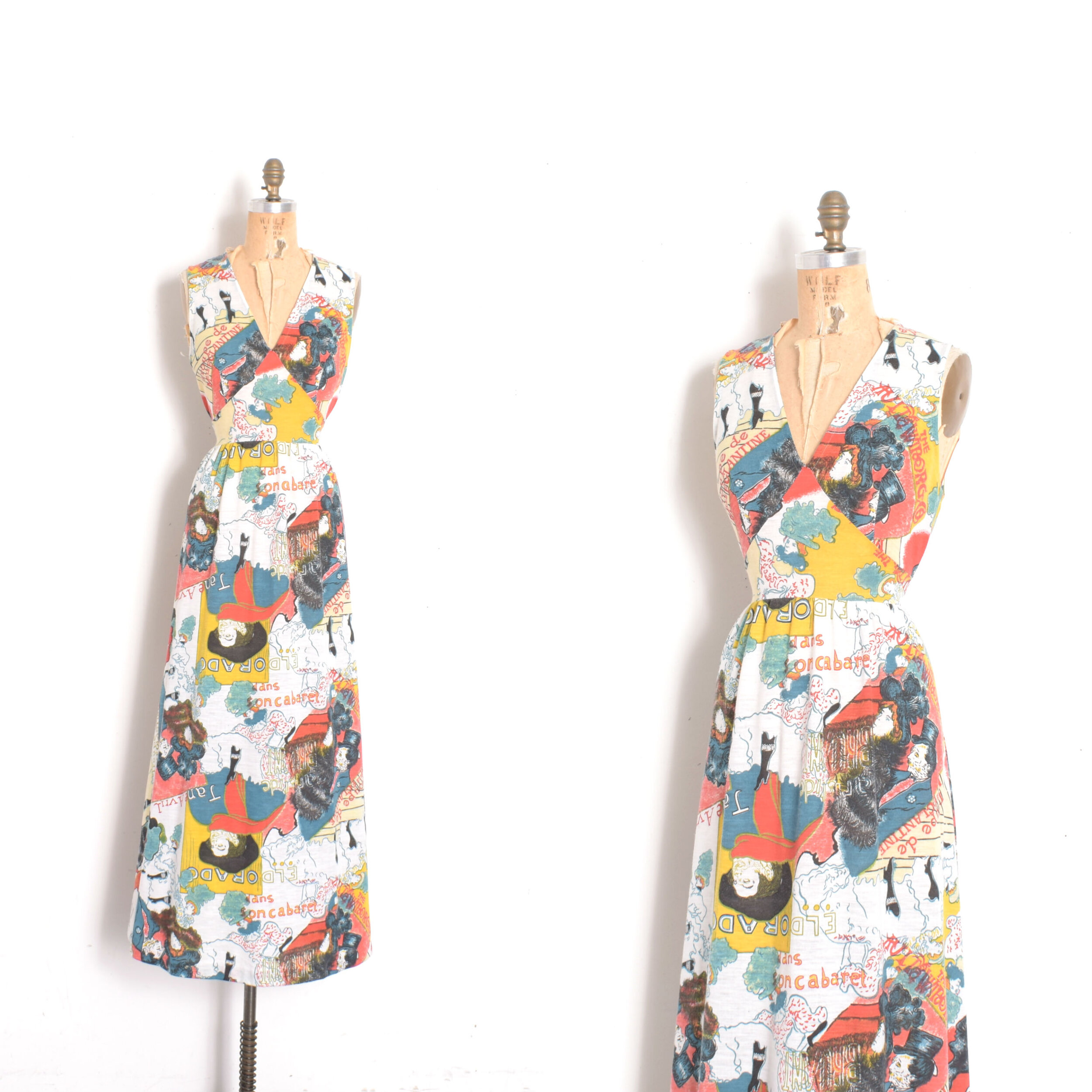 1970s Toulouse-Lautrec Cabaret Print Maxi Dress-S/M